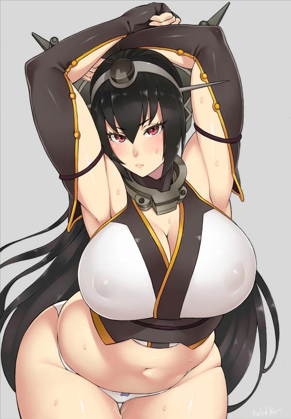 armpits arms_up artist_name belly black_hair bow bow_panties breasts cleavage covered_nipples curvy female fingerless_gloves gloves grey_background huge_breasts kantai_collection long_hair looking_at_viewer nagato_(kantai_collection) navel panties plump puffy_nipples red_eyes simple_background skindentation slightly_chubby solo sweat thigh_gap underwear very_long_hair white_panties wide_hips zonda_(solid_air)