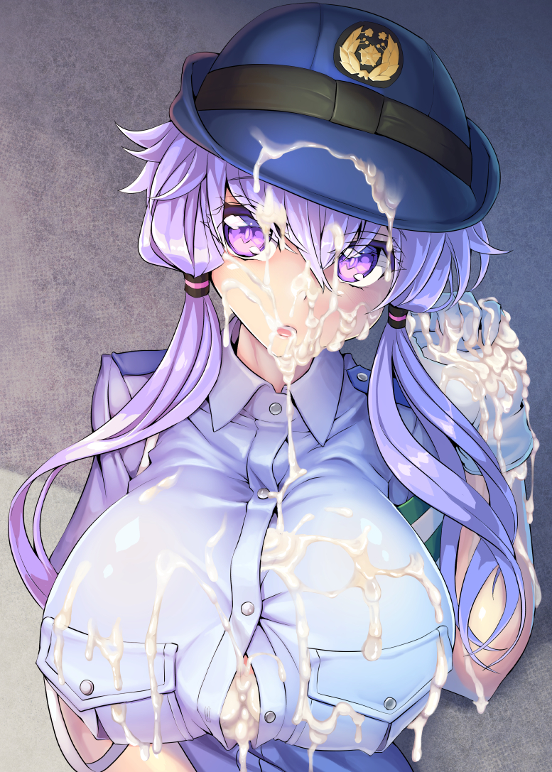 :o after_paizuri alternate_breast_size bangs blue_headwear blue_shirt blush breast_pocket breasts bukkake button_gap buttons casual_bukkake colored_eyelashes cum cum_on_body cum_on_breasts cum_on_clothes cum_on_hair emblem facial female gloves hair_between_eyes hand_up hat huge_breasts long_hair looking_at_viewer low_twintails ninopal open_mouth pocket police police_uniform policewoman purple_eyes purple_hair shiny shiny_hair shirt short_sleeves solo twintails uniform upper_body vocaloid voiceroid white_gloves wing_collar yuzuki_yukari