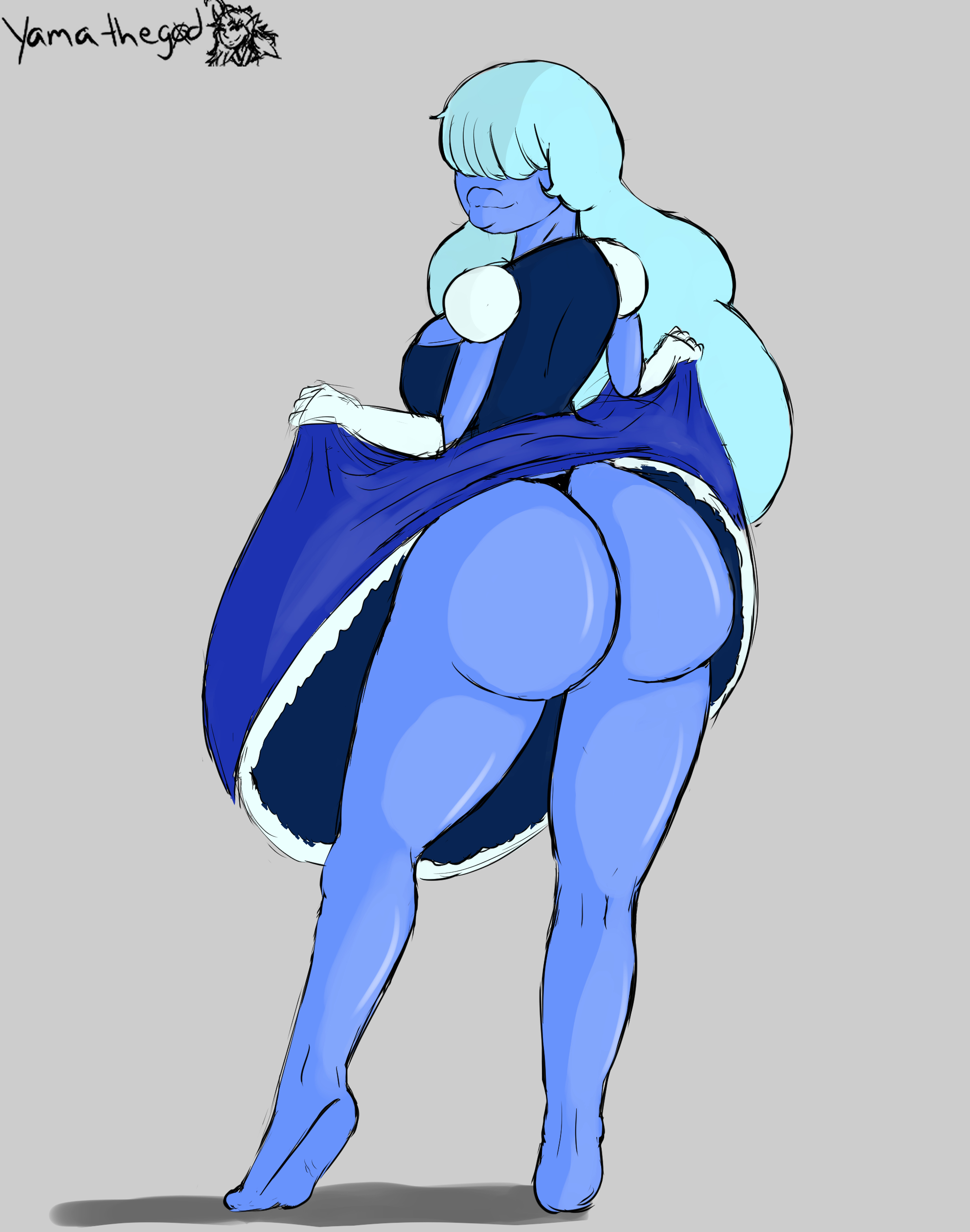 ass, big ass, big lips, blue hair, blue skin, caked up, dress, dress lift, feet, gem (species), gloves, large ass, long hair, looking at viewer, sapphire (steven universe), smile, steven universe, thick thighs, thong, yamathegod