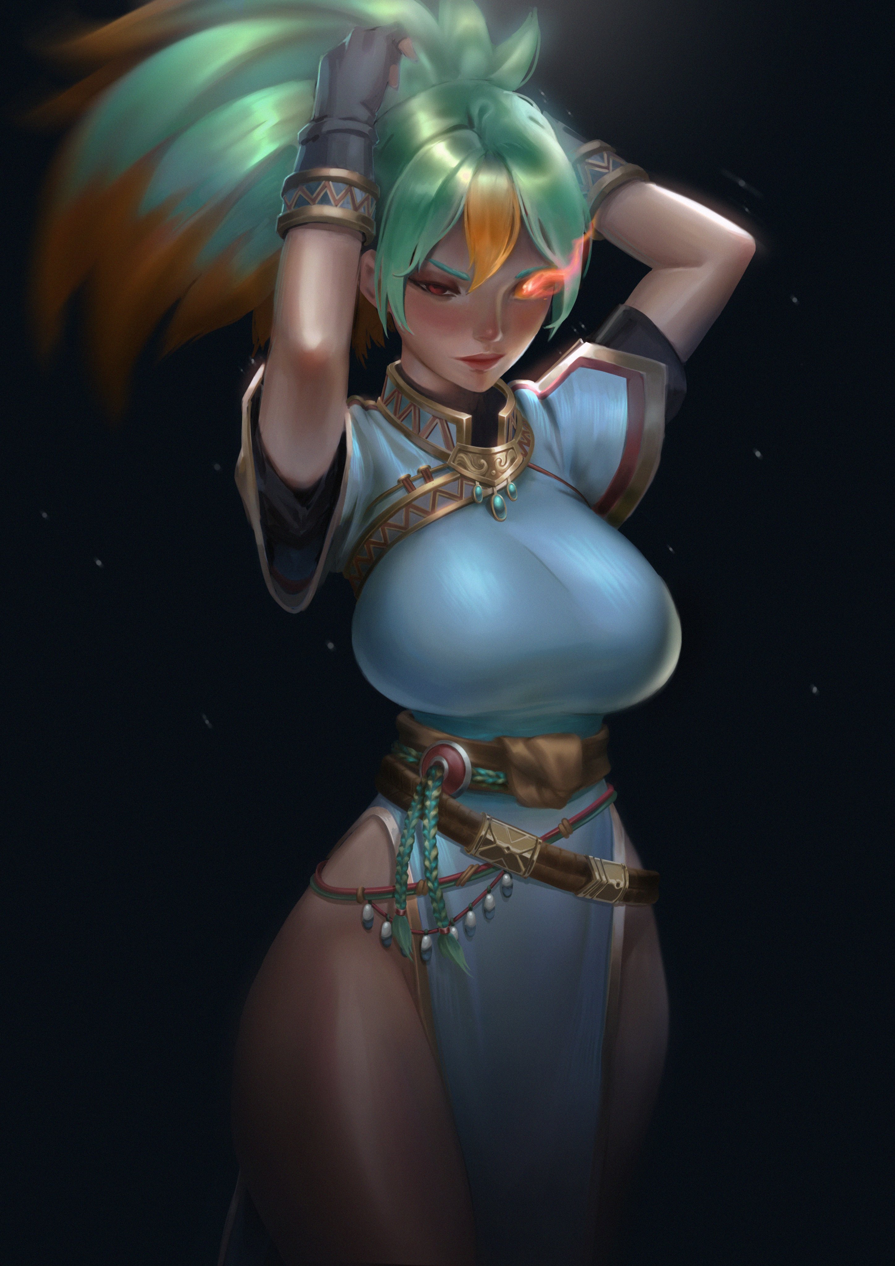 1girls, absurdres, alternate costume, alternate hairstyle, arms up, bangs, bare thighs, belt, black background, breasts, closed mouth, commission, cosplay, dark skin, dress, female, female only, fingerless gloves, fire, fire emblem, fire emblem heroes, fire emblem: the blazing blade, gloves, gold trim, gradient, gradient hair, green eyes, highres, hyuhd, laegjarn (fire emblem), large breasts, lips, long hair, lyn (fire emblem) (cosplay), multicolored hair, orange hair, pelvic curtain, ponytail, red eyes, shiny, shiny hair, shiny skin, short sleeves, simple background, solo, thighs