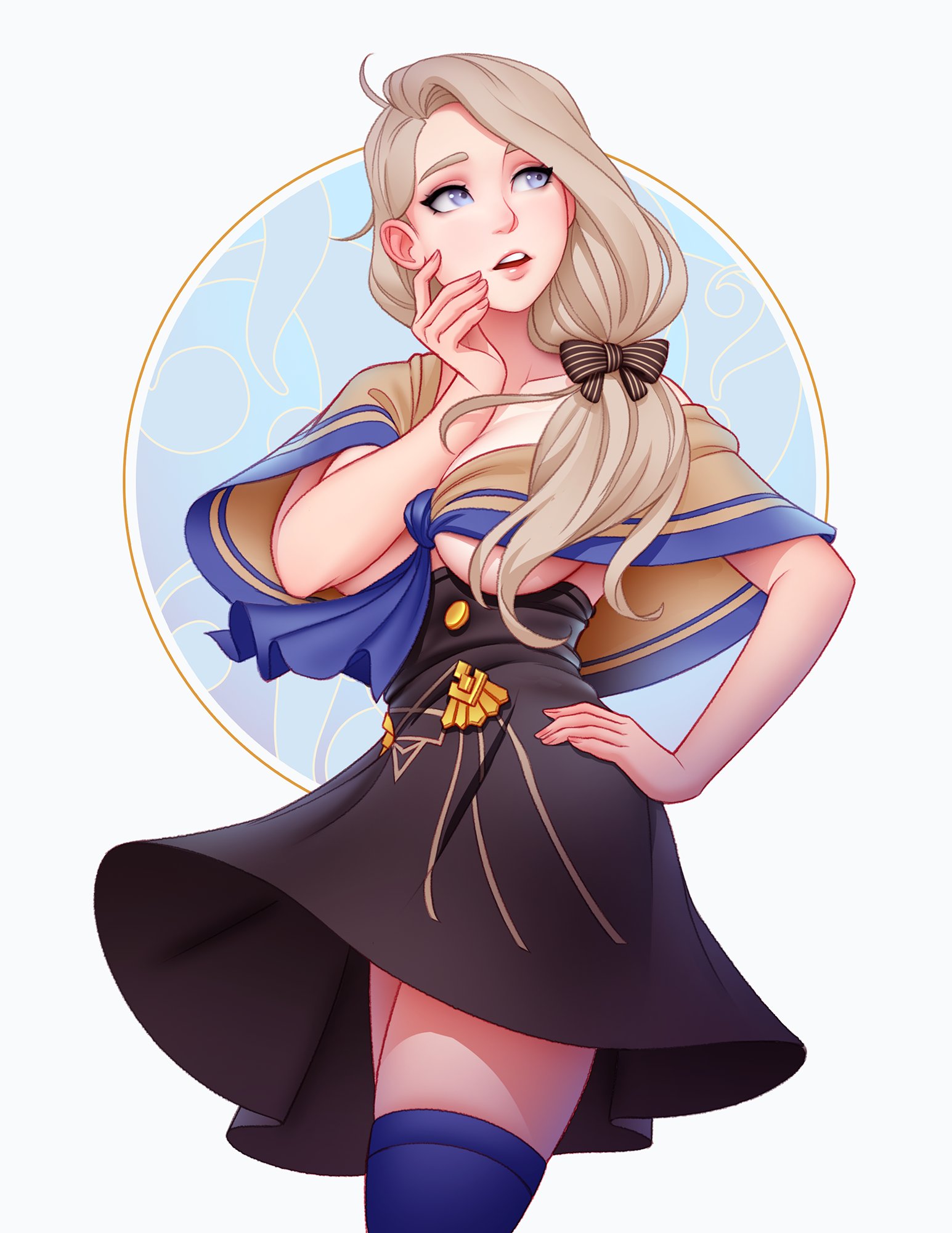 1girls, bare thighs, black skirt, blonde hair, blue eyes, bow, breasts, capelet, cleavage, commentary, female, female only, fire emblem, fire emblem: three houses, garreg mach monastery uniform, gold trim, hair ornament, hairbow, hand on hip, hand on own cheek, hand on own face, highres, large breasts, long hair, looking to the side, mercedes von martritz, nail polish, nintendo, no bra, no shirt, pale skin, simple background, skirt, thighhighs, thighs, tsuaii, underboob, wind, wind lift