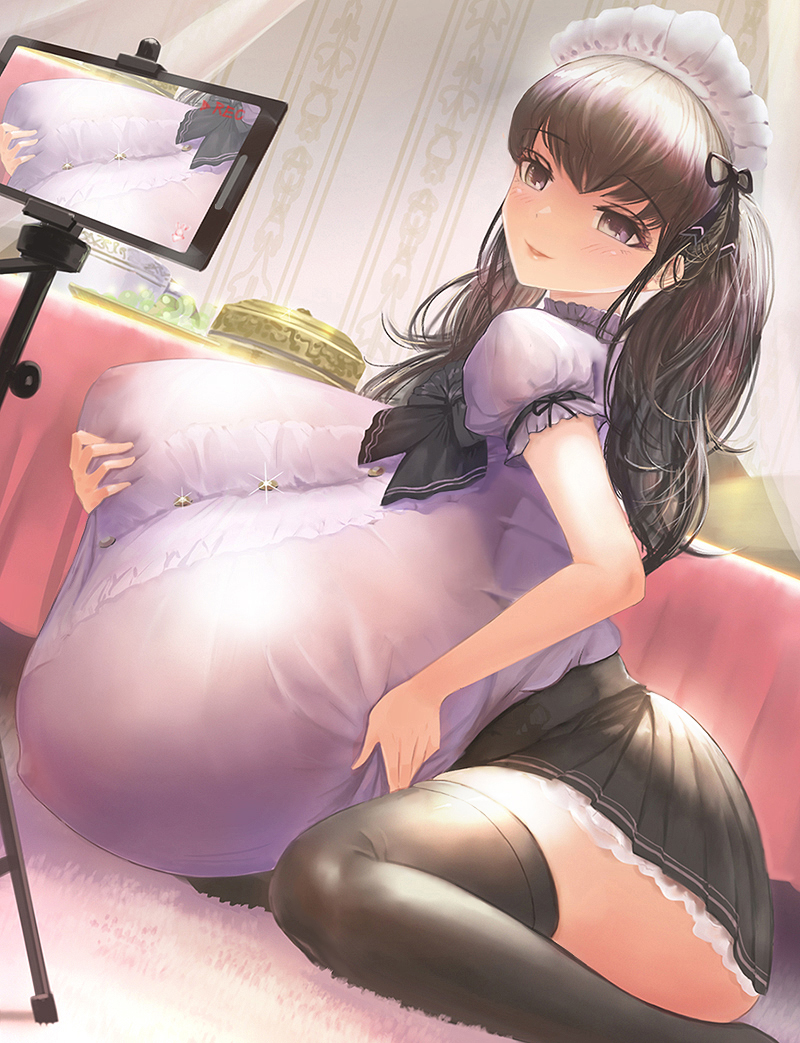 big_ass big_breasts black_legwear black_thighhighs blouse breast_hold brown_eyes detailed_background female female_only frilled_skirt gigantic_breasts huge_breasts lace lace_trim long_hair maid maid_headdress maid_uniform masamasa massive_breasts nipples_visible_through_clothing no_bra on_floor original pleated_skirt recording sitting smile solo thighhighs twintails