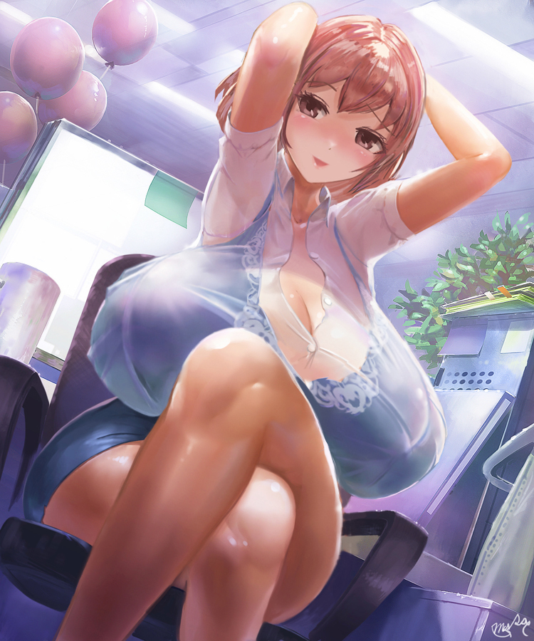 arms_up big_breasts blouse blush bra bra_visible_through_clothes brown_eyes brown_hair cleavage crossed_legs detailed_background female female_only huge_breasts masamasa massive_breasts office office_lady original panties_aside pencil_skirt see-through_clothing sheer_legwear short_hair sitting smile solo unbuttoned_shirt