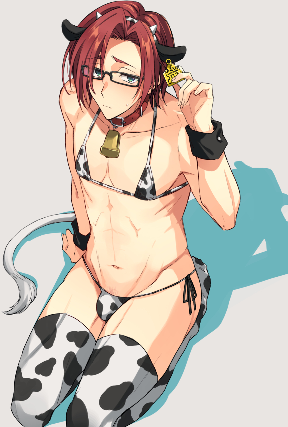 1boy 1male aaside argonavis_from_bang_dream! bikini blue_eyes blush blush bulge bulge_through_clothing choker cow_ears cow_horns cow_print cow_tail cowbell glasses hairy_penis lingerie looking_at_viewer looking_up male male_only megane micro_bikini muscular_thighs red_hair satozuka_kenta shame shy sitting thighhighs thighs