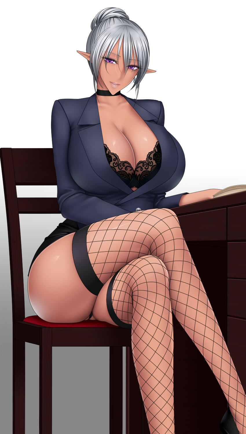 1girls 2016 baru_(val-val) black_bra black_panties black_stockings book bra bra_peek breasts business_suit chair cleavage crossed_legs dark-skinned_female dark_elf dark_skin desk earrings elf female female_focus female_only fishnet_legwear fishnet_stockings fishnets formal fully_clothed gradient gradient_background grey_background hair_bun highres huge_breasts jewelry lace lace-trimmed_bra lace_trim lips looking_at_viewer microskirt office_lady original panties pantyshot pantyshot_(sitting) parted_lips pencil_skirt pointy_ears purple_eyes revealing_clothes silver_hair single_earring sitting skirt skirt_suit solo solo_female stockings suit teacher thighhighs underwear val-val white_background