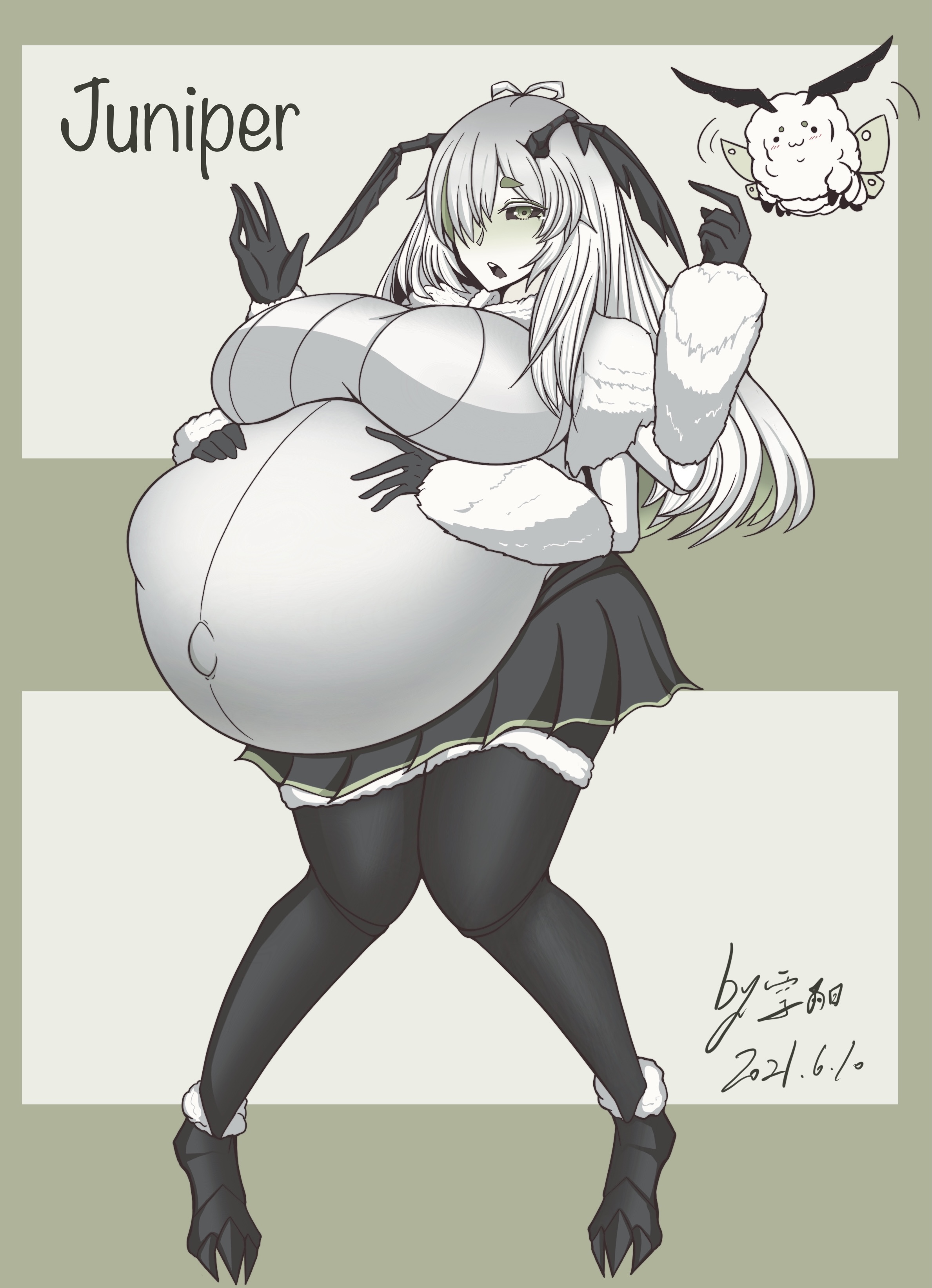 1girls, antennae, black sclera, blush, breasts, breasts bigger than head, clothed, clothed female, exoskeleton, female, fetal movement, green eyes, hands on belly, heavily pregnant, huge belly, huge breasts, indie virtual youtuber, juniper (egocider), juniper actias, knees together feet apart, large belly, large breasts, monster girl, moth, moth girl, mouth open, multi arm, multi limb, pregnant, pregnant belly, pregnant female, simple background, skirt, sweater, virtual youtuber, white hair
