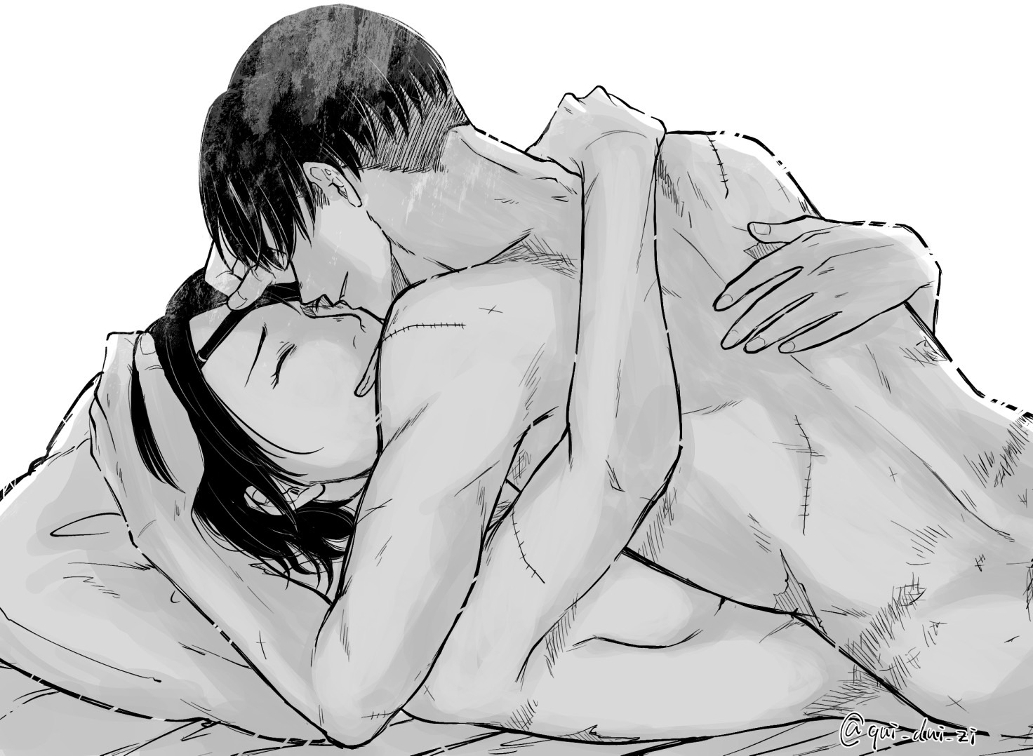 1boy, 1girls, attack on titan, embrace, embracing, eye patch, female, hanji zoe, hugging, implied sex, levi, levi ackerman, levihan, male, male/female, missionary position, monochrome, scars, shingeki no kyojin, smiling, straight