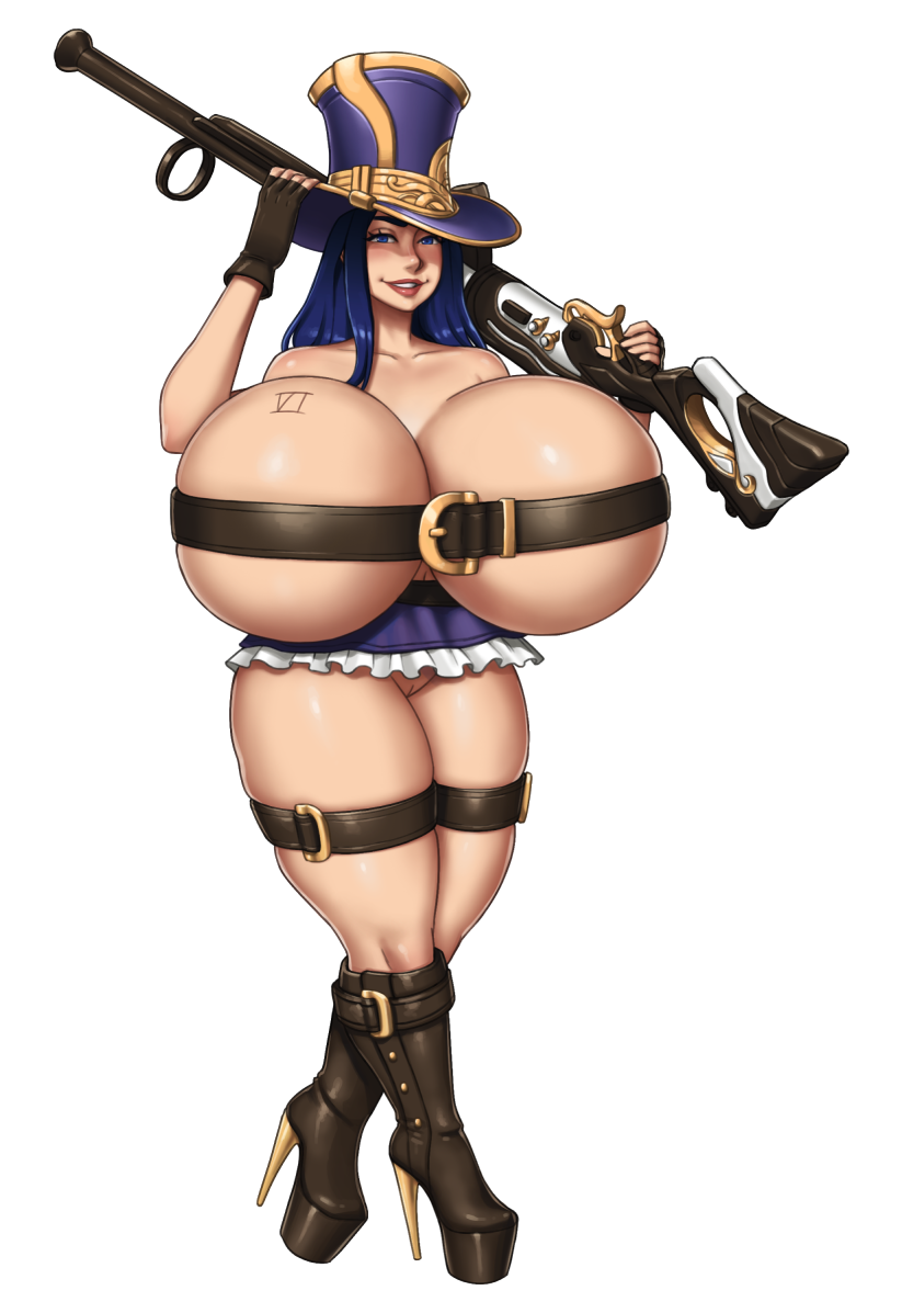 1girls alternate_breast_size barely_clothed belt belt_around_boobs belt_around_thighs belt_bra beltbra belts bimbo breasts_bigger_than_head caitlyn_kiramman enormous_breasts fingerless_gloves gigantic_breasts gun hand_on_hat high_heel_boots high_heels huge_breasts large_breasts league_of_legends lipstick looking_at_viewer massive_breasts miniskirt mootium plain_background platform_heels posing presenting purple_hair pussy rifle rifle_on_shoulder riot_games round_breasts shiny_skin smiling solo solo_female tattoo tattoo_on_breast thick_thighs top_hat top_heavy vagina weapon_over_shoulder white_background white_skin