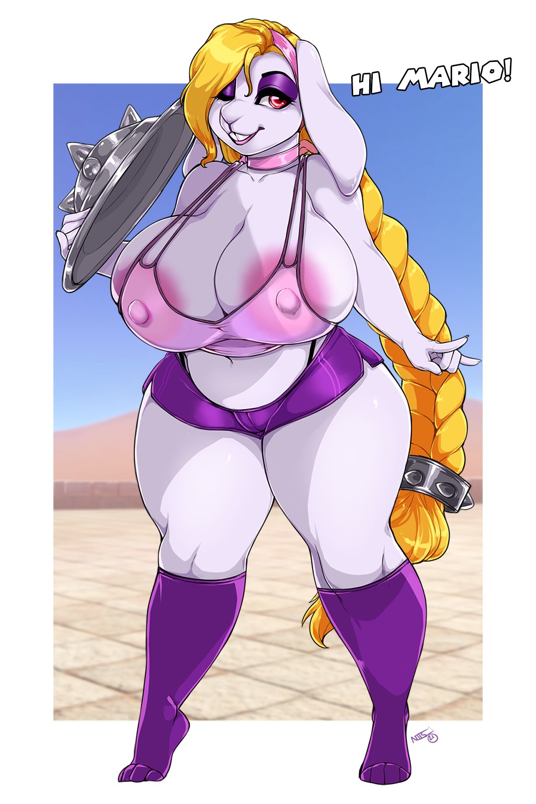 anthro areolae big_breasts blonde_hair braided_hair braided_ponytail buck_teeth bunny collar curvaceous curvy eye_shadow female female_only furry hairband hariet_(mario) kneesocks lagomorph lop_ears mario_(series) niis nintendo nipples nipples_visible_through_clothing rabbit red_eyes short_shorts skimpy_clothes stockings super_mario_odyssey tagme tanktop thick_thighs thong thunder_thighs white_fur wide_hips