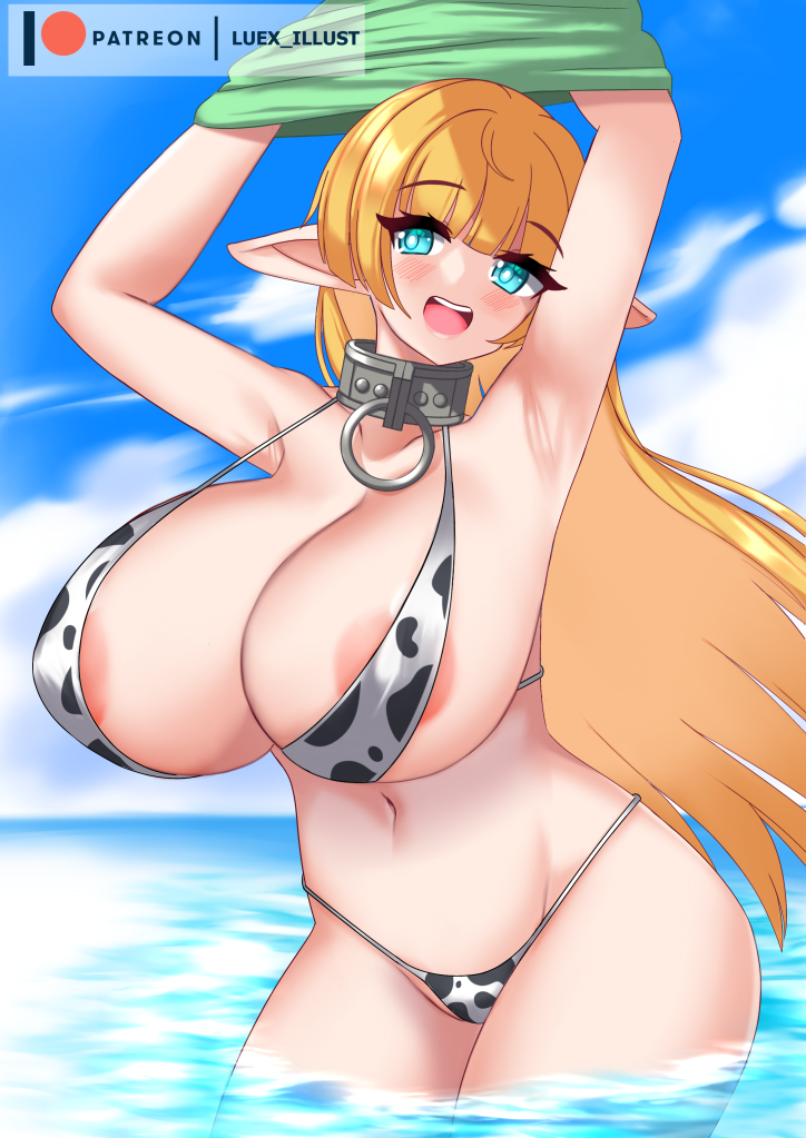 1girls armpit ass blonde_hair blue_eyes blush braided_hair cow_print cow_print_bikini deward elf elf_ears elf_female erect_nipples femsub how_not_to_summon_a_demon_lord huge_breasts isekai_maou_to_shoukan_shoujo_no_dorei_majutsu long_hair looking_at_viewer luex pointy_ears shera_l_greenwood slave slave_collar standing_in_water submissive_female voluptuous