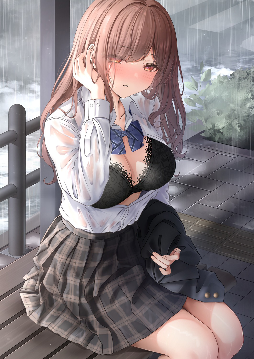 1girls, amber eyes, bangs, blush, breasts, brown eyes, brown hair, female, highres, lace-trimmed bra, large breasts, long hair, long sleeves, looking at viewer, monaka curl, original, sitting, skirt, solo, thighs, wet, wet clothes
