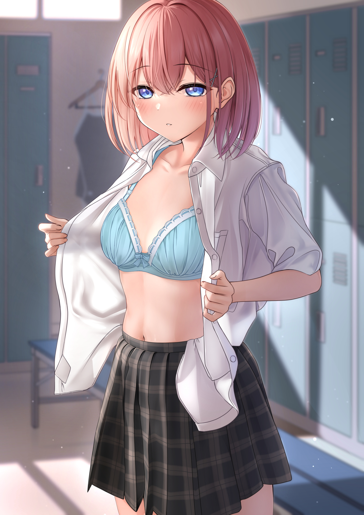bangs, black skirt, blue bra, blue eyes, blush, bra, breasts, brown hair, cleavage, collared shirt, commentary request, crossed bangs, eyebrows visible through hair, female, highres, indoors, koakuma-chan (monaka curl), locker, looking at viewer, monaka curl, navel, open clothes, open shirt, original, parted lips, pink hair, plaid, plaid skirt, school uniform, shirt, skirt, small breasts, solo, underwear, white shirt