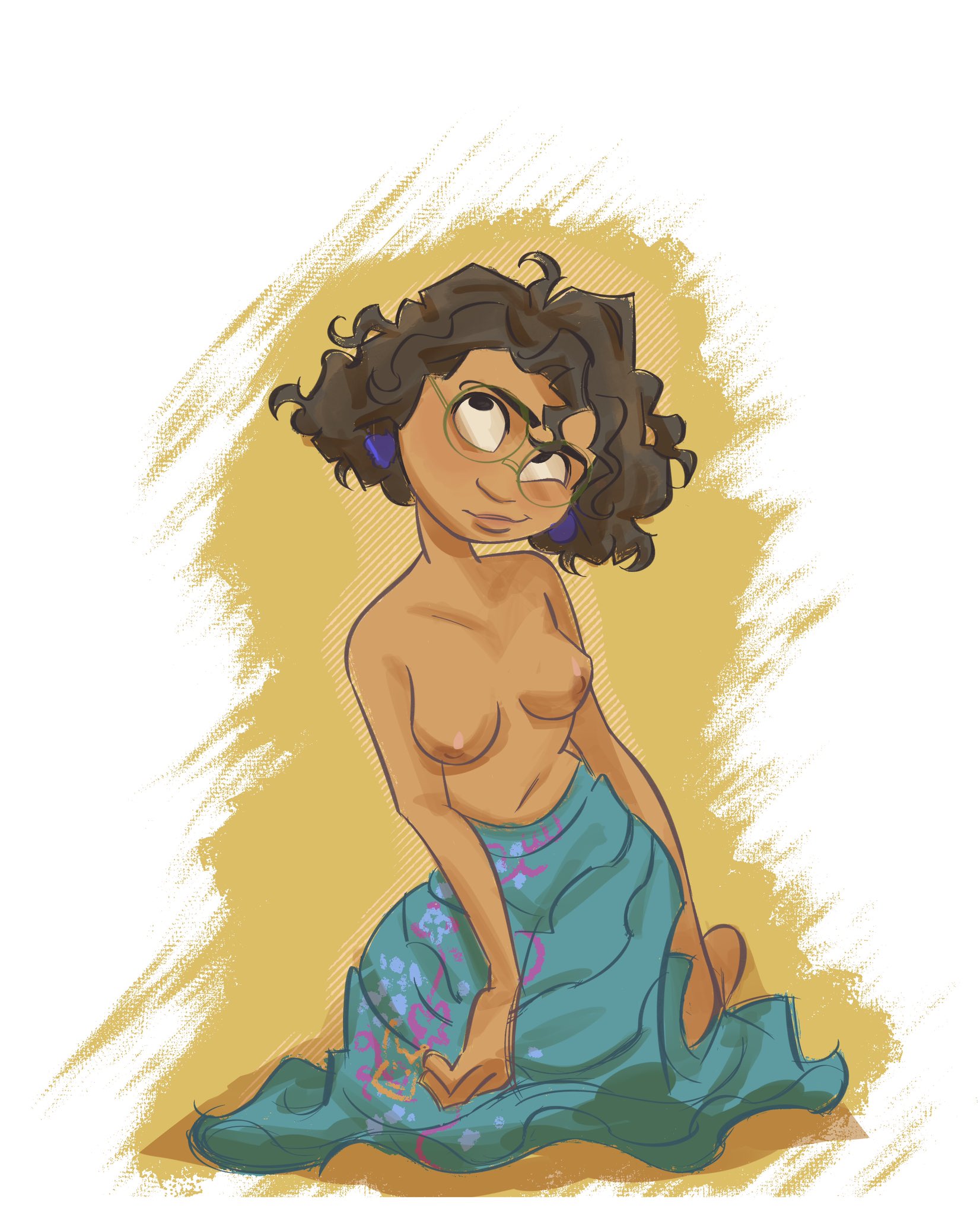 1girls, bad twitter id, breasts, dark skin, dark-skinned female, disney, encanto, female, female only, glasses, latina, mirabel madrigal, nipples, straight hair, topless