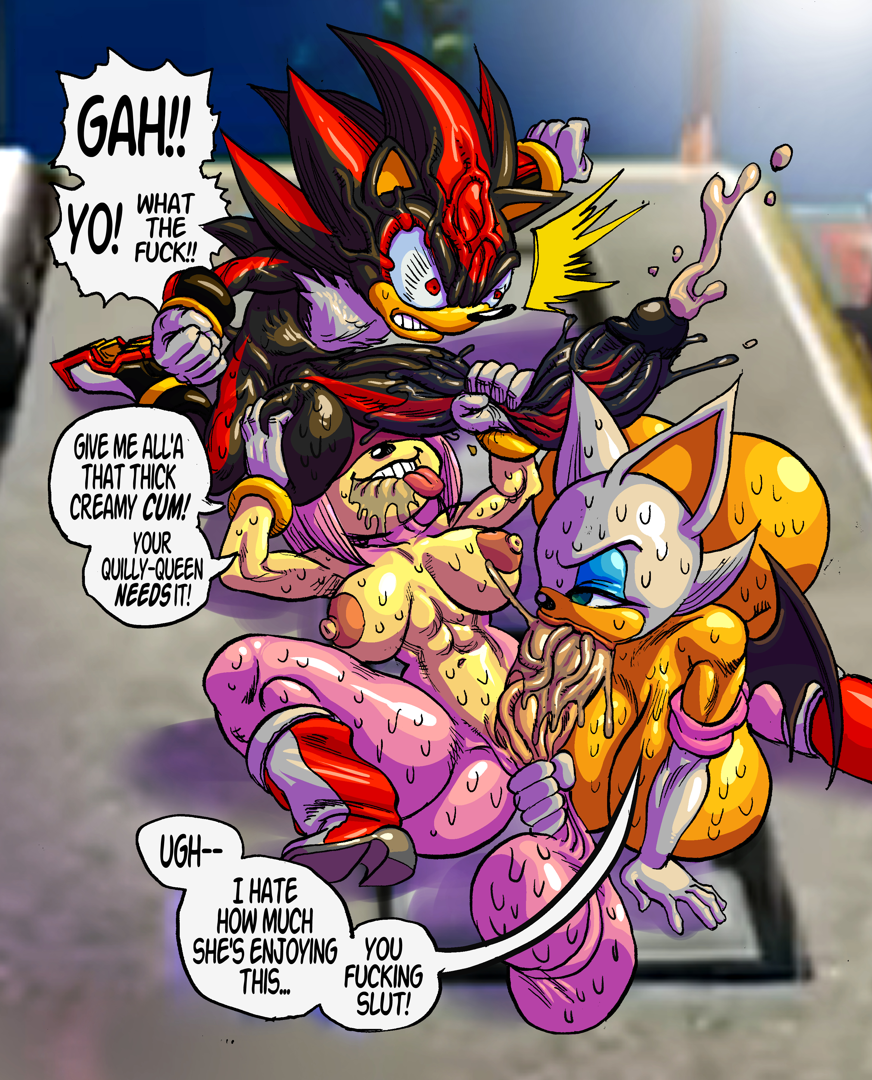 1boy, 1futa, 1girls, amy rose, anthro, ass, balls, balls fondling, balls on face, big ass, big breasts, big penis, breasts, english text, fellatio, female, femdom, fur, furry, futanari, goudadunn, handjob, hi res, huge cock, hyper penis, intersex, male, nude, oral, outside, penis, rouge the bat, rough sex, shadow the hedgehog, sonic (series), threesome, veiny penis