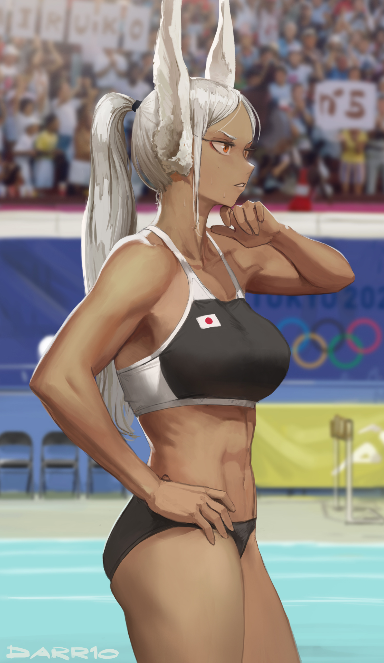 1girls, athletic, athletic female, bunny ears, dark skin, dark-skinned female, darr1o, exercise, female, female focus, fully clothed, miruko, my hero academia, olympics, ponytail, red eyes, rumi usagiyama, sports bra, sportswear, track and field, underwear, white hair, workout, workout clothes
