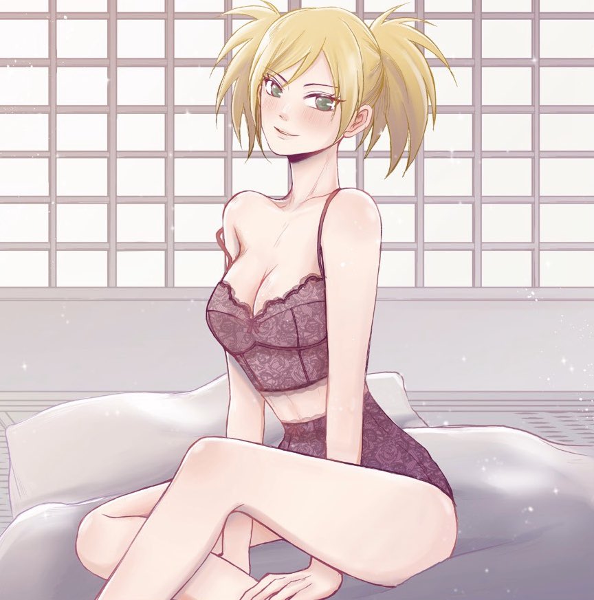 1girls, blush, breasts, bustier, cleavage, female, female only, inknigella, lingerie, long hair, looking at viewer, naruto, naruto (series), naruto shippuden, naruto: the last, sitting, smile, solo, solo focus, strap slip, temari, tied hair, twintails