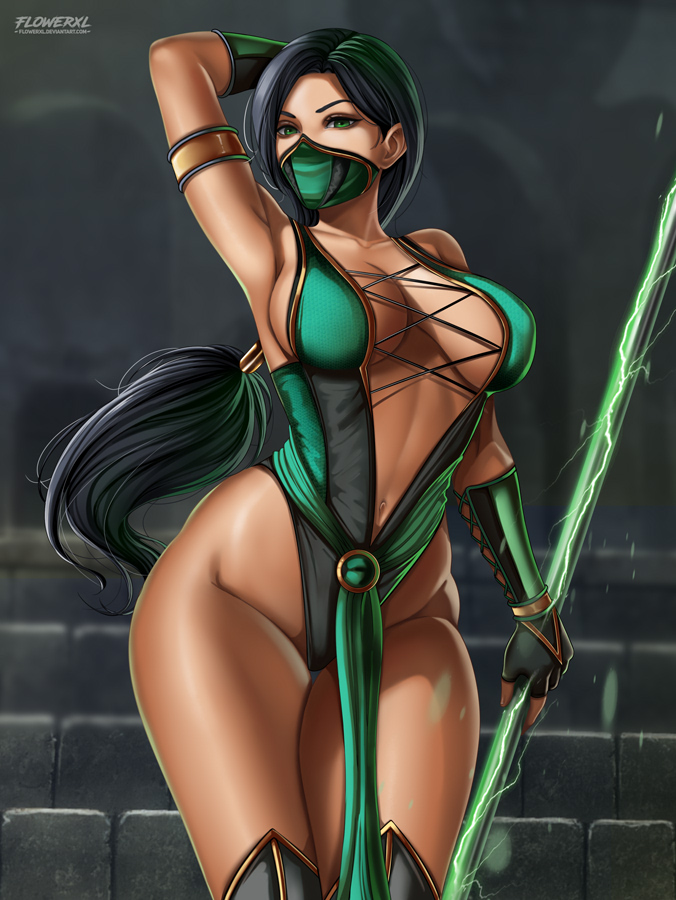 2d alternative_body_build artist_logo bracelet breasts cleavage detailed_background female flowerxl gloves green_clothing green_eyes green_hair green_mask hair_ribbon hand_behind_head jade_(mk9) jade_(mortal_kombat) light-skinned_female long_hair looking_at_viewer mortal_kombat mortal_kombat_(2011) shoes solo thick_thighs thunder_thighs