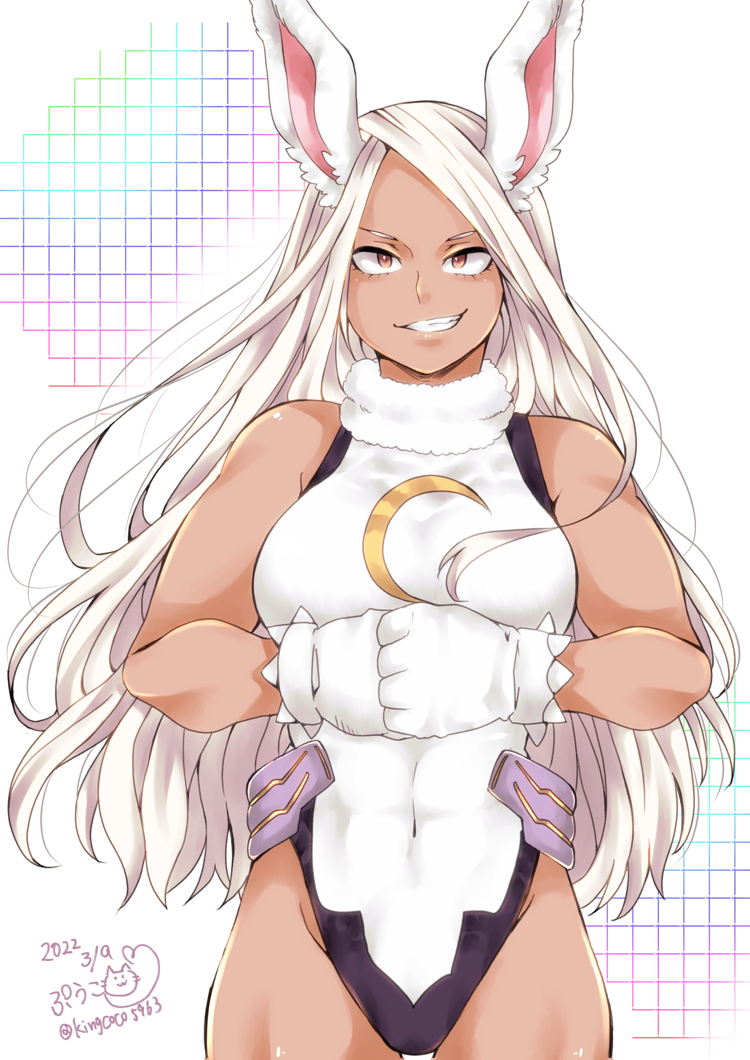 1girls, 2020, bunny ears, dark skin, dark-skinned female, female, female only, fully clothed, kingcoco5963, leotard, long hair, miruko, my hero academia, red eyes, rumi usagiyama, solo, white hair
