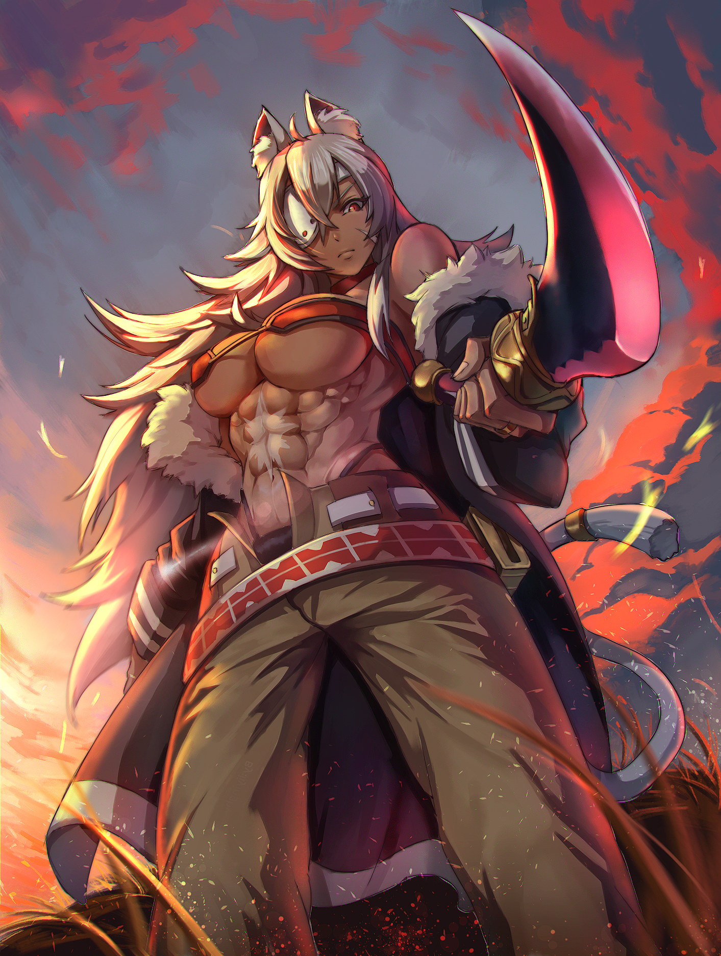 1girls, abs, cat ears, dark skin, dark-skinned female, female, female only, ghislaine dedoldia, mushoku tensei, solo