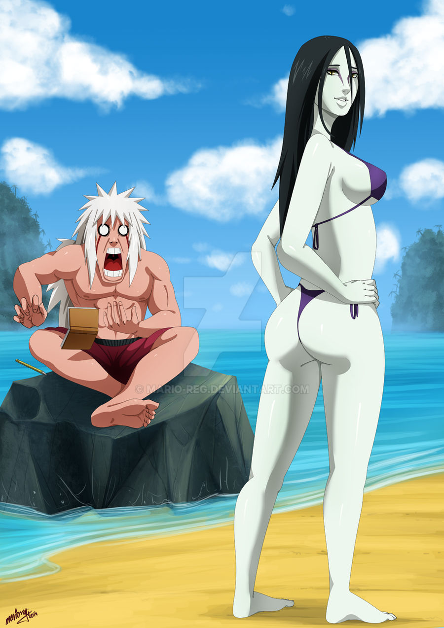 1boy 1girls ass beach bikini black_hair blank_eyes deviantart dropping dropping_object full_body genderswap_(mtf) jiraiya long_hair looking_at_another looking_at_partner makeup male/female mario-reg naruto naruto_(series) naruto_shippuden notebook ocean open_mouth orochimama orochimaru outdoors pencil purple_bikini rock rule_63 sand shorts sideboob sitting standing straight surprised swimsuit thong thong_bikini water watermark white_hair yellow_eyes