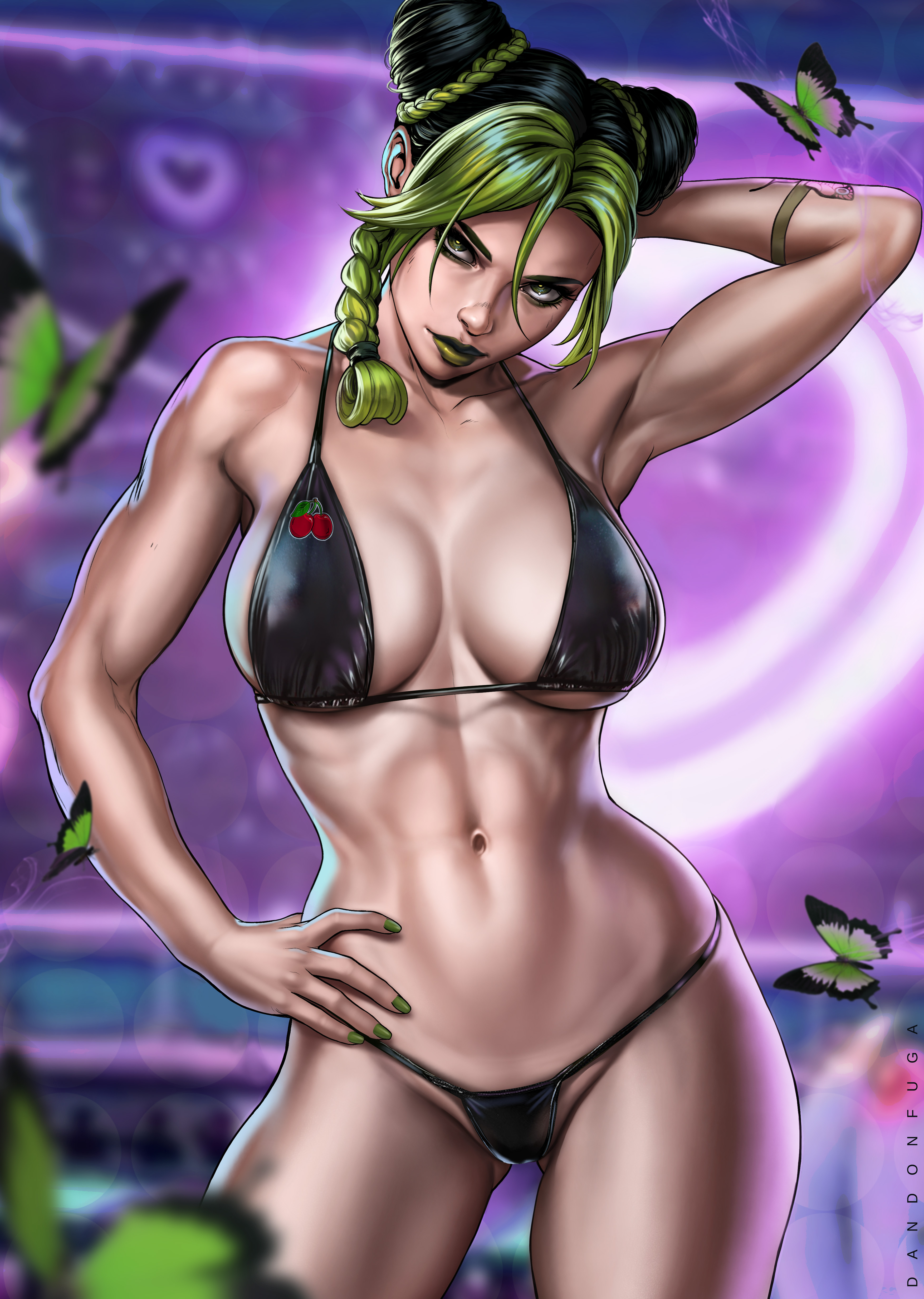 1girls, abs, arm behind head, arm tattoo, arm up, armpit, armpits, bare arms, bare shoulders, bare skin, big breasts, bikini, bikini bottom, bikini top, black bikini, black bikini bottom, black bikini top, black bra, black clothes, black clothing, black panties, black underwear, bra, braided ponytail, breasts, butterfly, child bearing hips, cleavage, clothed, clothed female, clothing, dandon fuga, dark green hair, female, female focus, female only, fingernails, fit, fit female, green eyes, green hair, green lips, green lipstick, green nail polish, green nails, hair bun, hair buns, hand on hip, hand on own hip, hips, jojo's bizarre adventure, jolyne kujo, large breasts, light skin, light-skinned female, lipstick, looking at viewer, nail polish, nails, navel, panties, ponytail, sexy armpits, solo, solo female, solo focus, standing, stone ocean, tattoo, thick thighs, thighs, tied hair, toned, toned body, toned female, toned stomach, two-tone hair, underwear