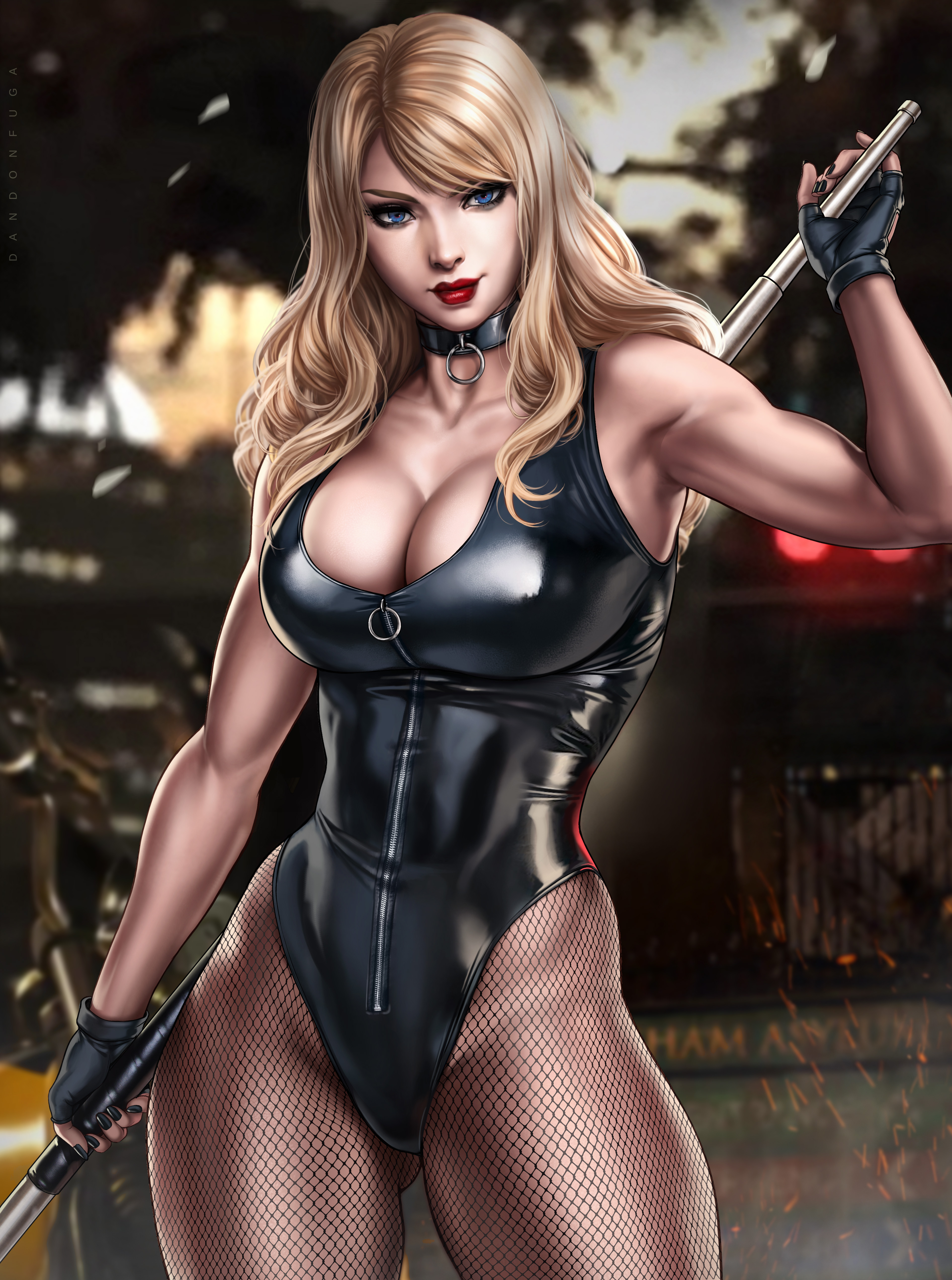 1girls, abs, bare arms, bare shoulders, bare skin, baton, big breasts, black canary, black clothing, black leotard, black nail polish, black nails, blonde female, blonde hair, blue eyes, breasts, child bearing hips, choker, cleavage, clothed, clothed female, clothing, dandon fuga, dc, dc comics, dinah lance, female, female focus, female only, fingerless gloves, fishnet pantyhose, fishnets, fit, fit female, gloves, green arrow (series), hips, holding baton, holding weapon, large breasts, leotard, light skin, light-skinned female, lips, lipstick, long hair, looking at viewer, nail polish, navel, red lips, red lipstick, solo, solo female, solo focus, standing, thick hips, thick lips, thick thighs, thighs, thunder thighs, toned, toned body, toned female, toned stomach