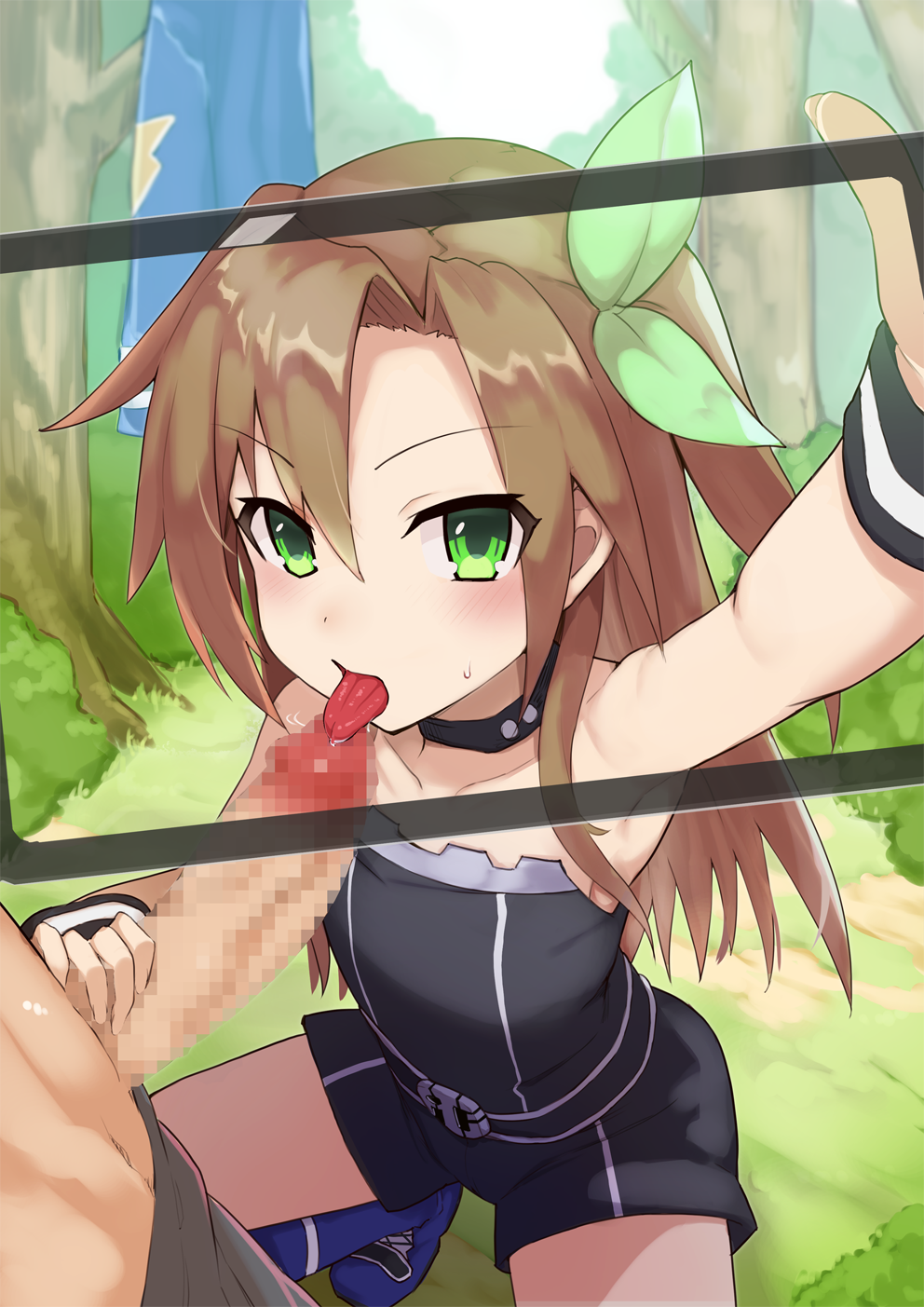 1boy blush brown_hair choker eyebrows_visible_through_hair fellatio female hair_between_eyes hair_ornament hairband highres if_(neptunia) leaf_hair_ornament looking_at_viewer neptunia_(series) okitaima oral squatting straight