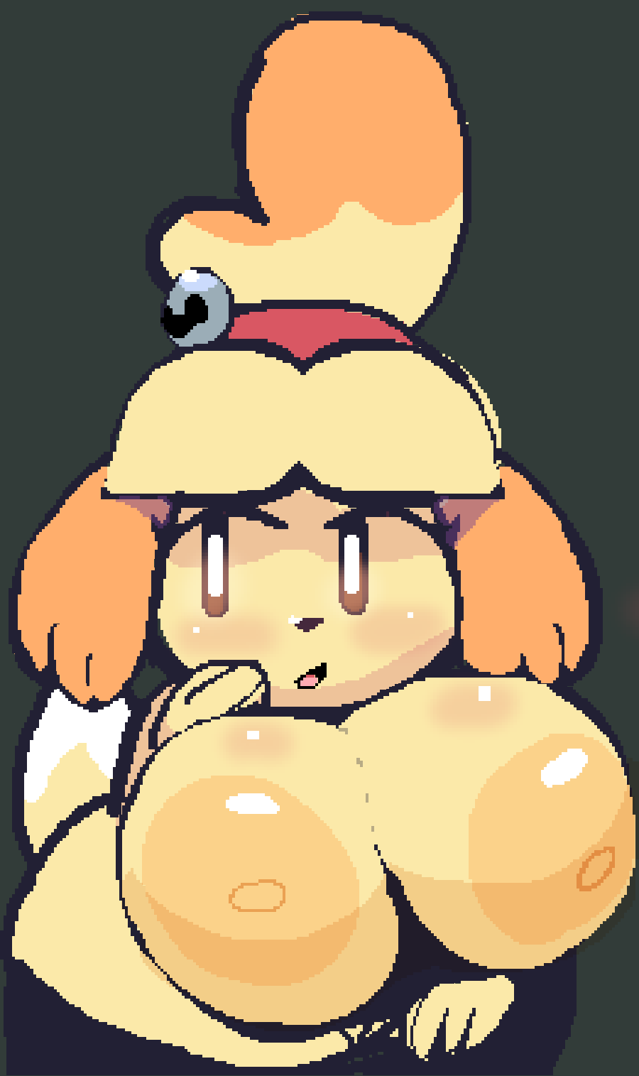 animal_crossing anthro big_areola big_nipples breasts breasts_out cubesmolly furry huge_areolae huge_breasts huge_nipples isabelle_(animal_crossing) mob_face nintendo nipples presenting presenting_breasts source_request topless wide_hips year_request