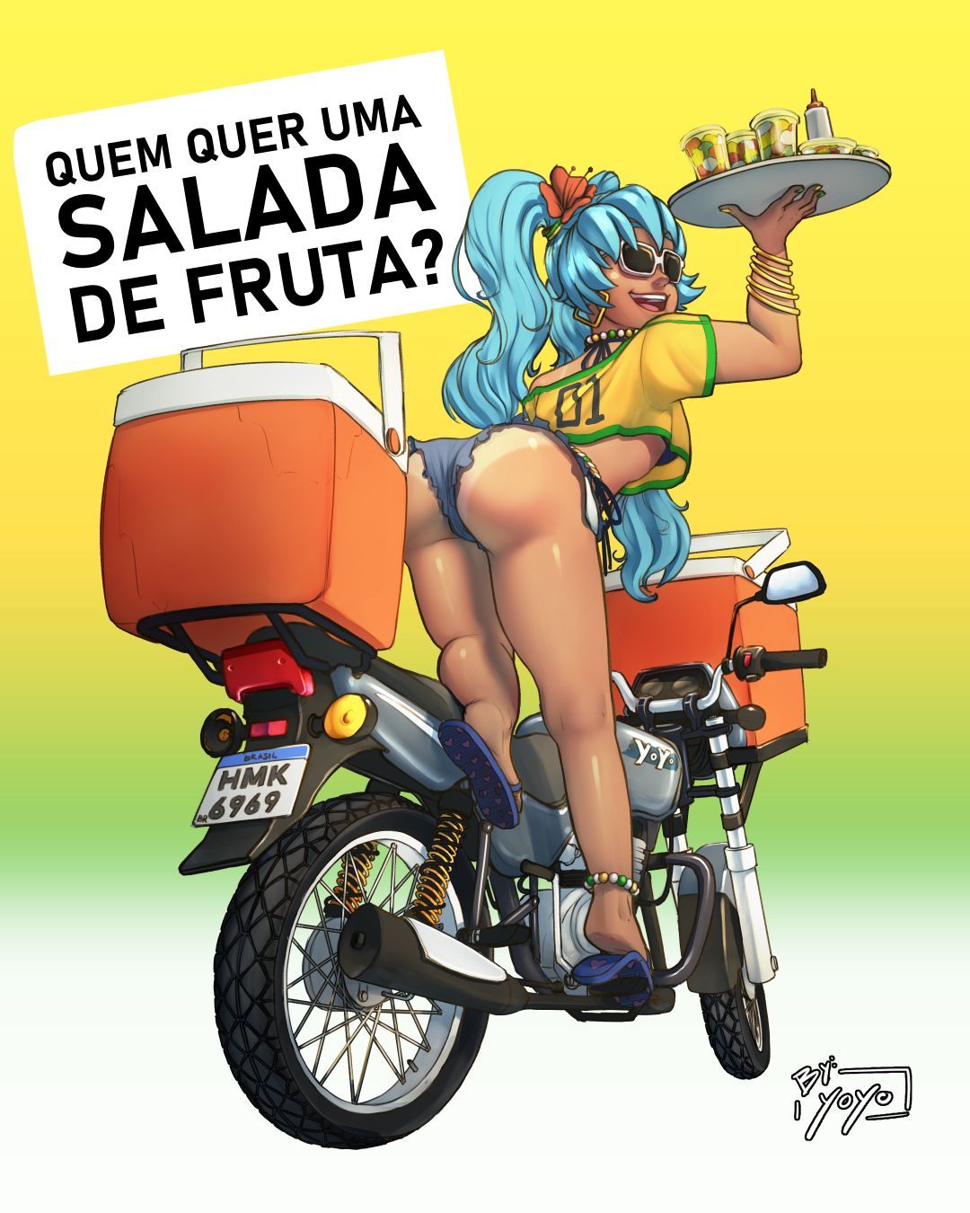 1girl, 1girls, anklet, ass, bikini tan, blue hair, bracelet, brazil, brazilian, brazilian female, brazilian miku, breasts, crop top, crop top overhang, cutoffs, dark skin, dark-skinned female, denim shorts, earrings, english text, female, female focus, female only, flower, from behind, full body, ground vehicle, hair flower, hair ornament, hatsune miku, jewelry, long hair, looking back, medium breasts, motor vehicle, motorcycle, no bra, open mouth, portuguese dialogue, portuguese text, rear view, sandals, shirt, short shorts, shorts, skimpy, skimpy clothes, smile, solo, spikes, sunglasses, tagme, tan, tan body, tan skin, tanline, tanlines, text, tray, twintails, underboob, vocaloid, yoyo casual