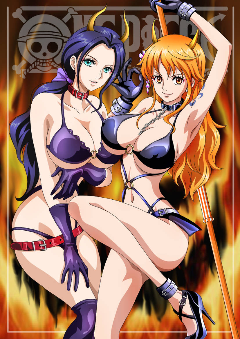 2girls ace_firepower beast_pirates beast_pirates_(cosplay) belt black_bra black_hair black_panties blue_eyes bra breasts brown_eyes chains collar cosplay earrings female female_only gloves hair_flower hair_ribbon harness high_heels holding_staff horns large_breasts long_hair looking_at_viewer midriff milf nami nami_(one_piece) navel nico_robin o-ring_harness one_piece orange_hair panties staff tattoo tattooed_arm