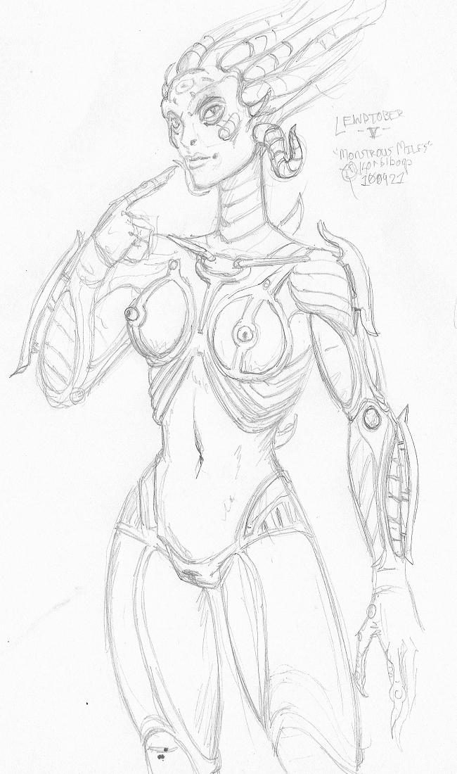 alien alien_girl alien_humanoid korblborp medium_breasts monochrome monster_girl naked naked_female nipples nude nude_female pussy sil species_(franchise) traditional_media_(artwork) vagina