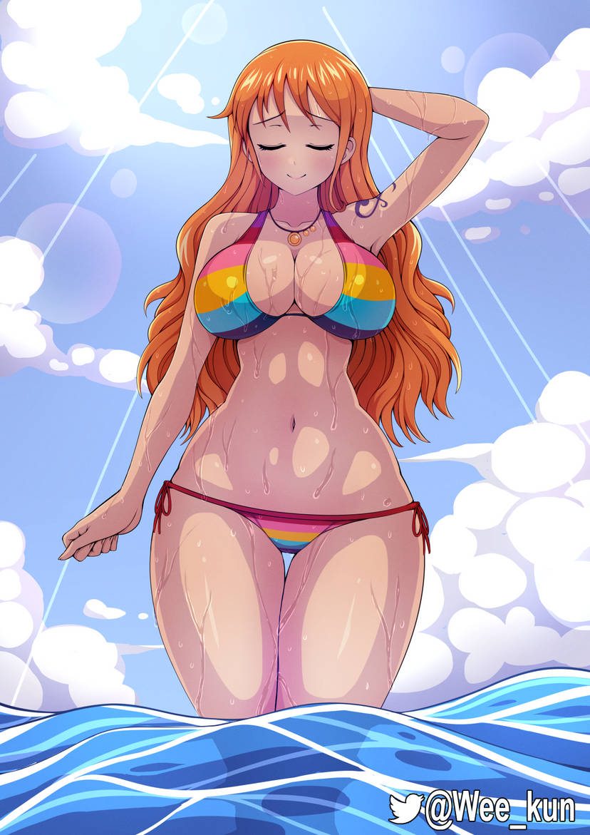 1girls bikini breasts closed_eyes clouds female female_only in_water large_breasts long_hair midriff nami nami_(one_piece) navel necklace ocean one_piece orange_hair outside rainbow_bikini rainbow_swimsuit side-tie_bikini side-tie_swimsuit sky swimsuit tattoo tattooed_arm water weekun wet