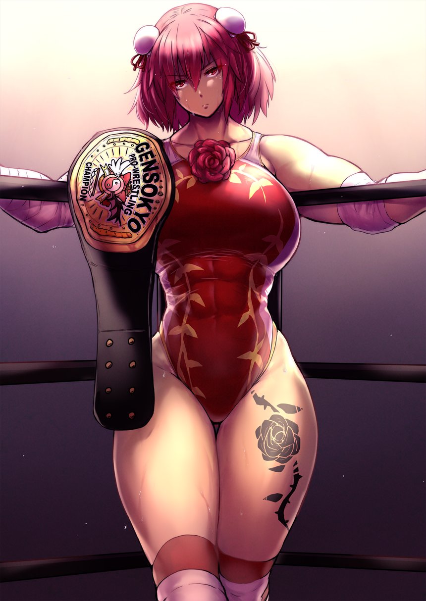 1girls abs athletic athletic_female buttobisawa champion championship_belt clothed clothed_female female female_focus female_only fighting_ring ibaraki_kasen kasen_ibaraki light-skinned_female light_skin muscular muscular_female pink_hair tattoo thick_thighs thighs toned toned_female touhou touhou_project wrestling_ring