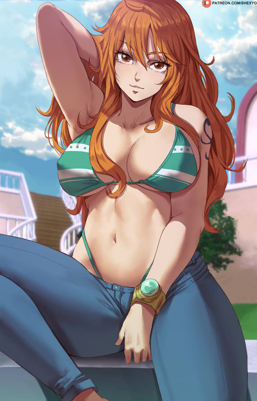 1girls big_breasts bikini bikini_top bikini_under_clothes bracelet brown_eyes clouds female female_only green_bikini green_swimsuit highleg highleg_bikini highleg_swimsuit jeans large_breasts long_hair looking_at_viewer midriff nami nami_(one_piece) navel one_piece orange_hair outside pants post-timeskip shexyo ship sky solo striped_bikini swimsuit_under_clothes tattoo tattooed_arm tree