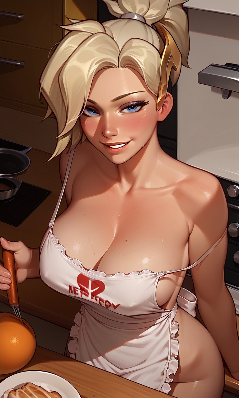 11_22 ai_generated angela_ziegler apron bare_shoulders blizzard_entertainment blonde_hair blue_eyes blush breasts cleavage female female_focus female_only grin kitchen large_breasts mercy naked_apron overwatch ponytail seductive_smile strap_slip sweat