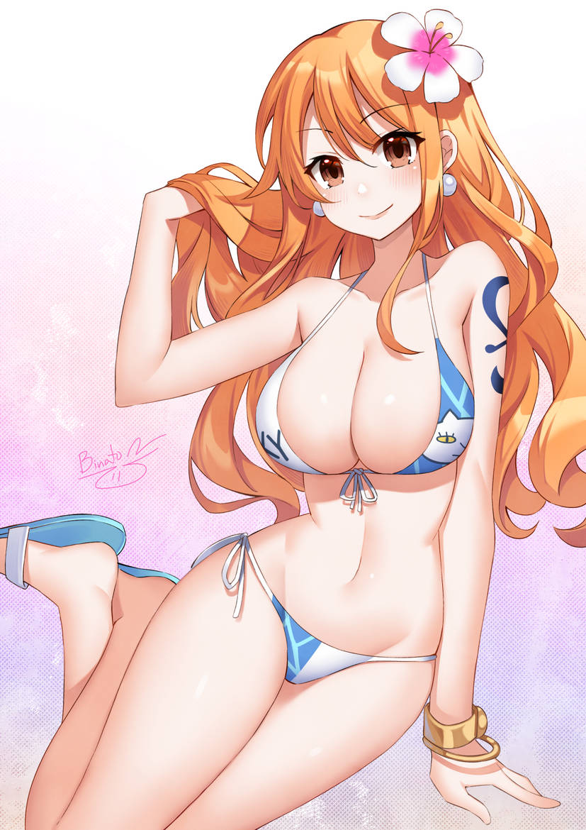 1girls bikini binatoae blue_bikini blue_swimsuit bracelets breasts brown_eyes earrings female female_only hair_flower hibiscus large_breasts long_hair looking_at_viewer midriff multicolored_bikini multicolored_swimsuit nami nami_(one_piece) navel one_piece orange_hair sandals side-tie_bikini side-tie_swimsuit swimsuit tattoo tattooed_arm white_bikini white_swimsuit