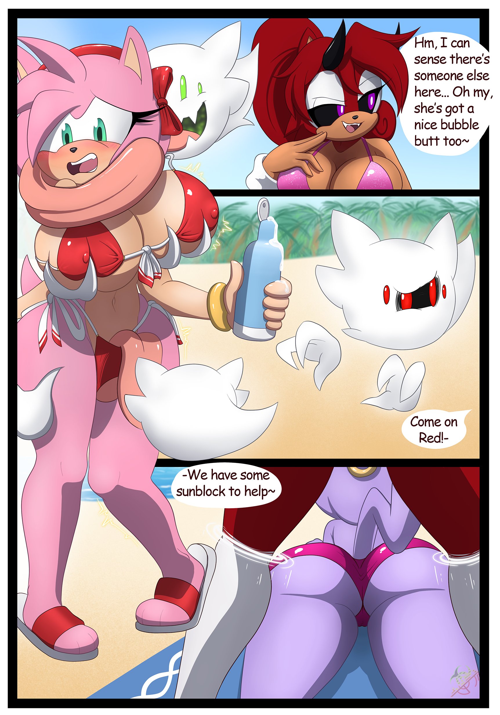 2girls, amy rose, beach, bikini, blaze the cat, demon, fan character, female, furry, ghost, long tongue, roga14, sandals, sega, sonic (series), succubus