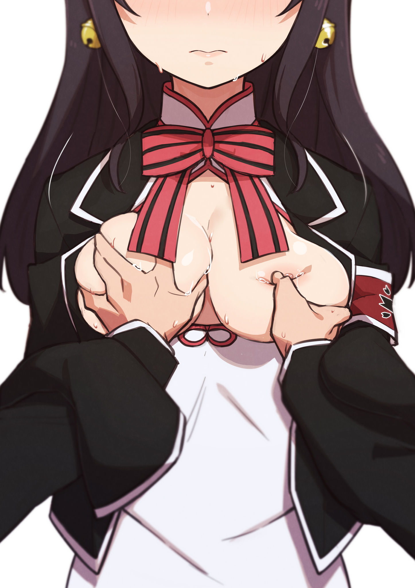 bell earrings, black hair, blush, breast grab, breasts, breasts out, female, female focus, fondling, groping, kishuku gakkou no juliet, large breasts, long hair, morisobo, open smile, pov, sweatdrop, wang teria