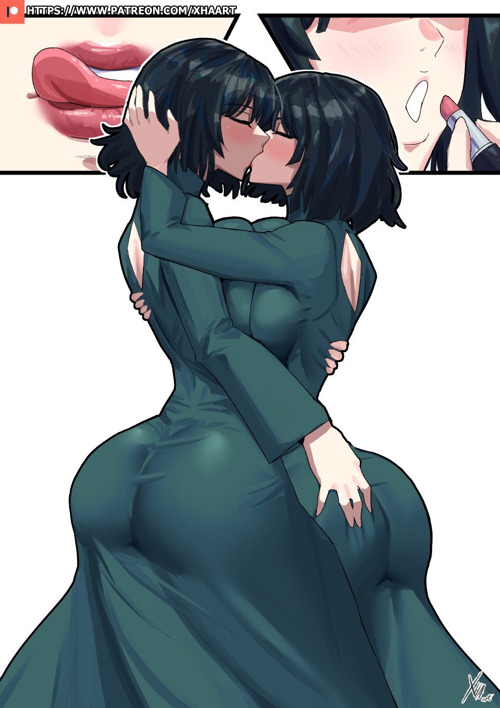 2024 2girls ass ass_focus ass_grab big_ass big_breasts big_butt black_dress blush breast_press breast_to_breast breasts butt clothed clothing color dress eyes_closed female female_focus female_only fubuki_(one-punch_man) grabbing_ass green_dress green_hair hand_on_back hand_on_butt hand_on_head hi_res holding_each_other huge_ass huge_breasts kiss kissing large_ass large_breasts lesbian lipstick multiple_girls one-punch_man selfcest solo_female thick_thighs tongue tongue_out twitter_link xhaart yuri