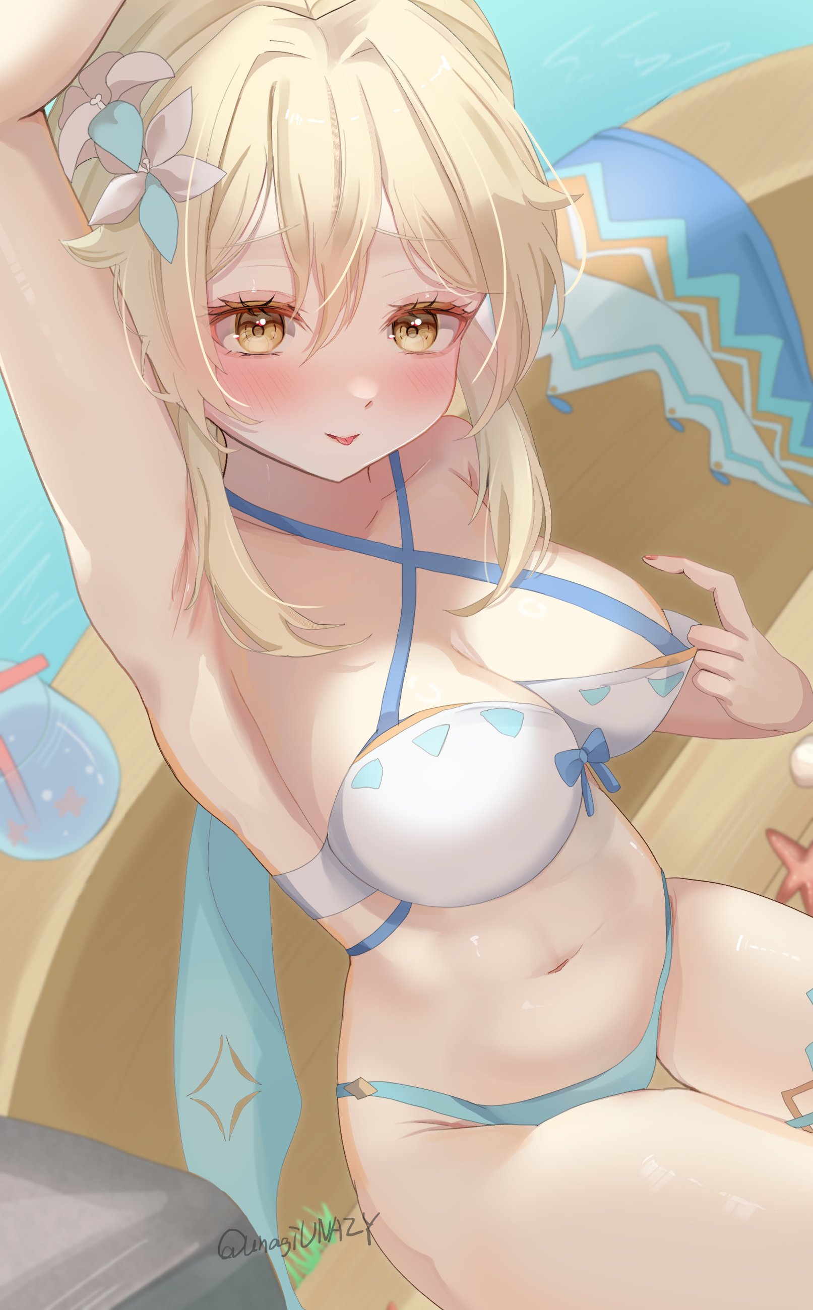 1girls, 2d, 2d (artwork), alternate costume, belly button, big breasts, bikini, blonde hair, blush, breasts, chuuna (unagiunazy), cleavage, day, female, female focus, female only, flowers, flowers in hair, front view, genshin impact, high resolution, highres, light skin, light-skinned female, looking at viewer, lumine (genshin impact), lumine (hot springs) (genshin impact), navel, official alternate costume, outdoors, short hair, smiling, smiling at viewer, solo, solo female, solo focus, swimsuit, two piece swimsuit, water, yellow eyes, young, younger female