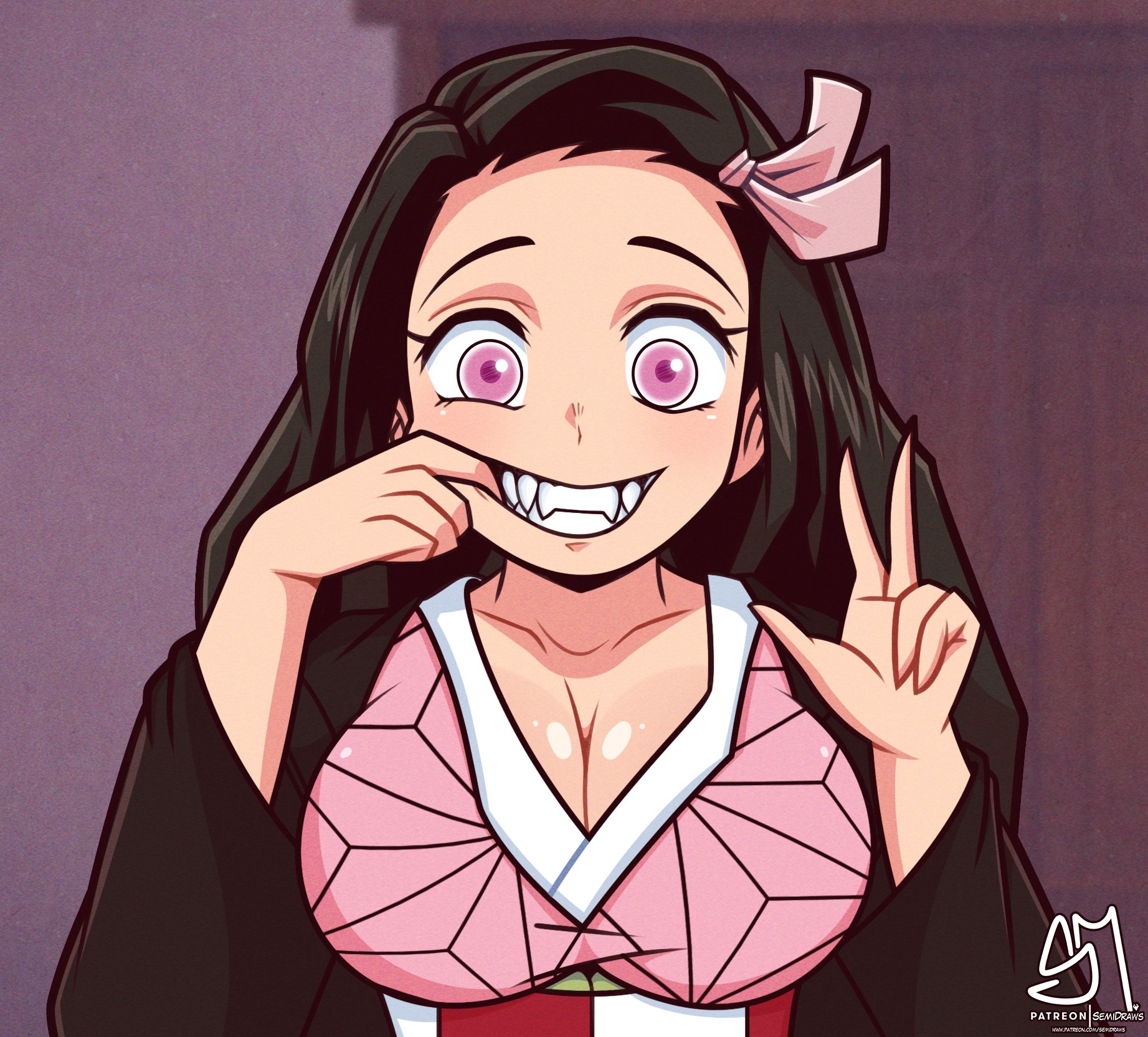 1girls, aged up, big breasts, black hair, black-haired female, breasts, cute, demon slayer, fangs, female, female focus, fully clothed, haori, kamado nezuko, kimetsu no yaiba, kimono, long hair, nipples, obi, pink eyes, semidraws, shiny skin, smile, solo, teeth, teeth showing, upper body