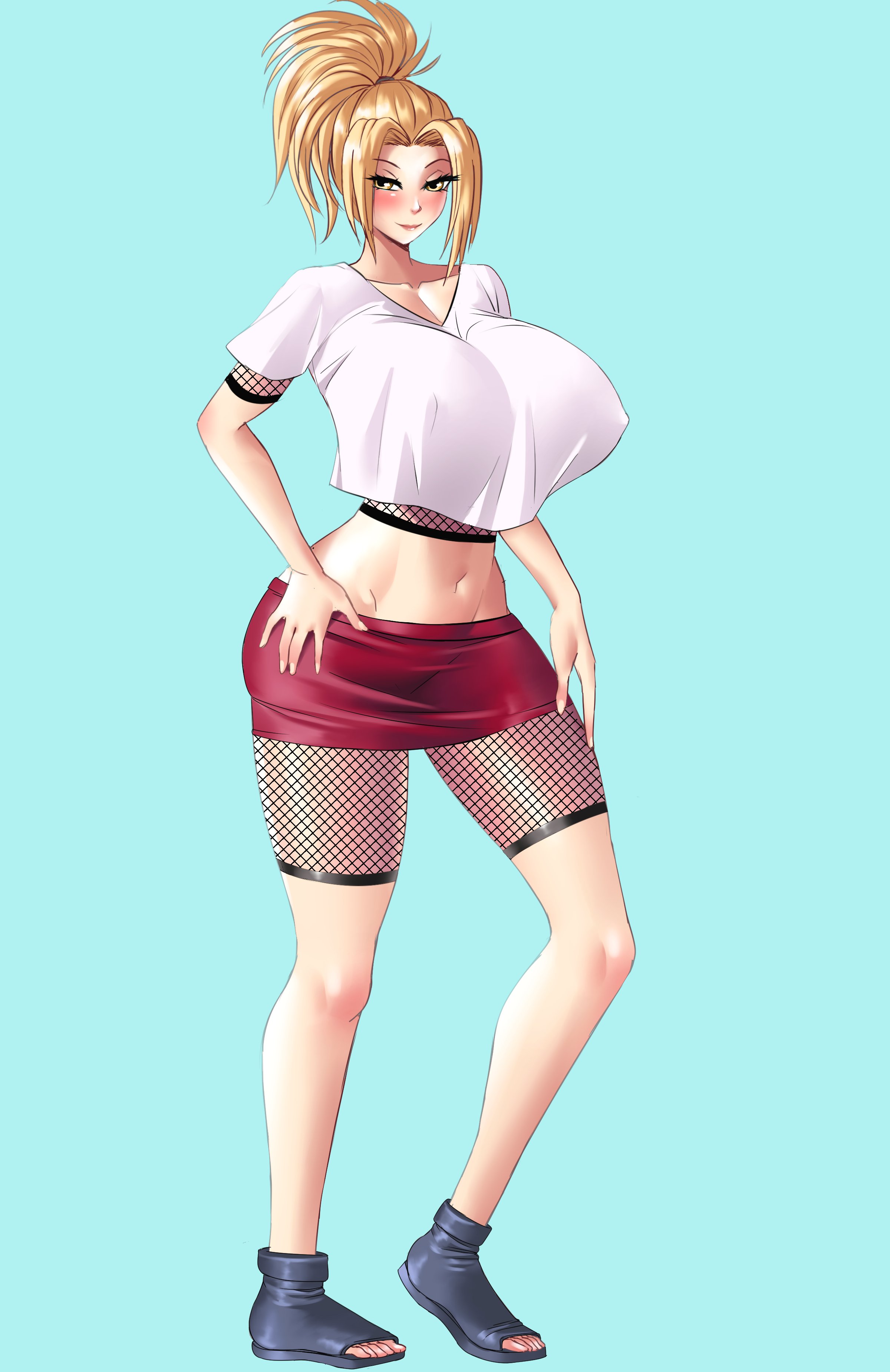 1girls, aged down, bangs, blonde hair, blush, breasts, brown eyes, busty, clothed, clothed female, crop top, curvaceous, curvy, curvy body, curvy female, curvy figure, evildei, feet, female, female only, fishnets, full body, huge breasts, light skin, light-skinned female, long hair, midriff, miniskirt, naruto, naruto (classic), naruto (series), naruto shippuden, open toe shoes, pinup, ponytail, sandals, shirt, sidelocks, skirt, solo, solo female, teenage female, teenager, tied hair, toes, tsunade, voluptuous, young tsunade