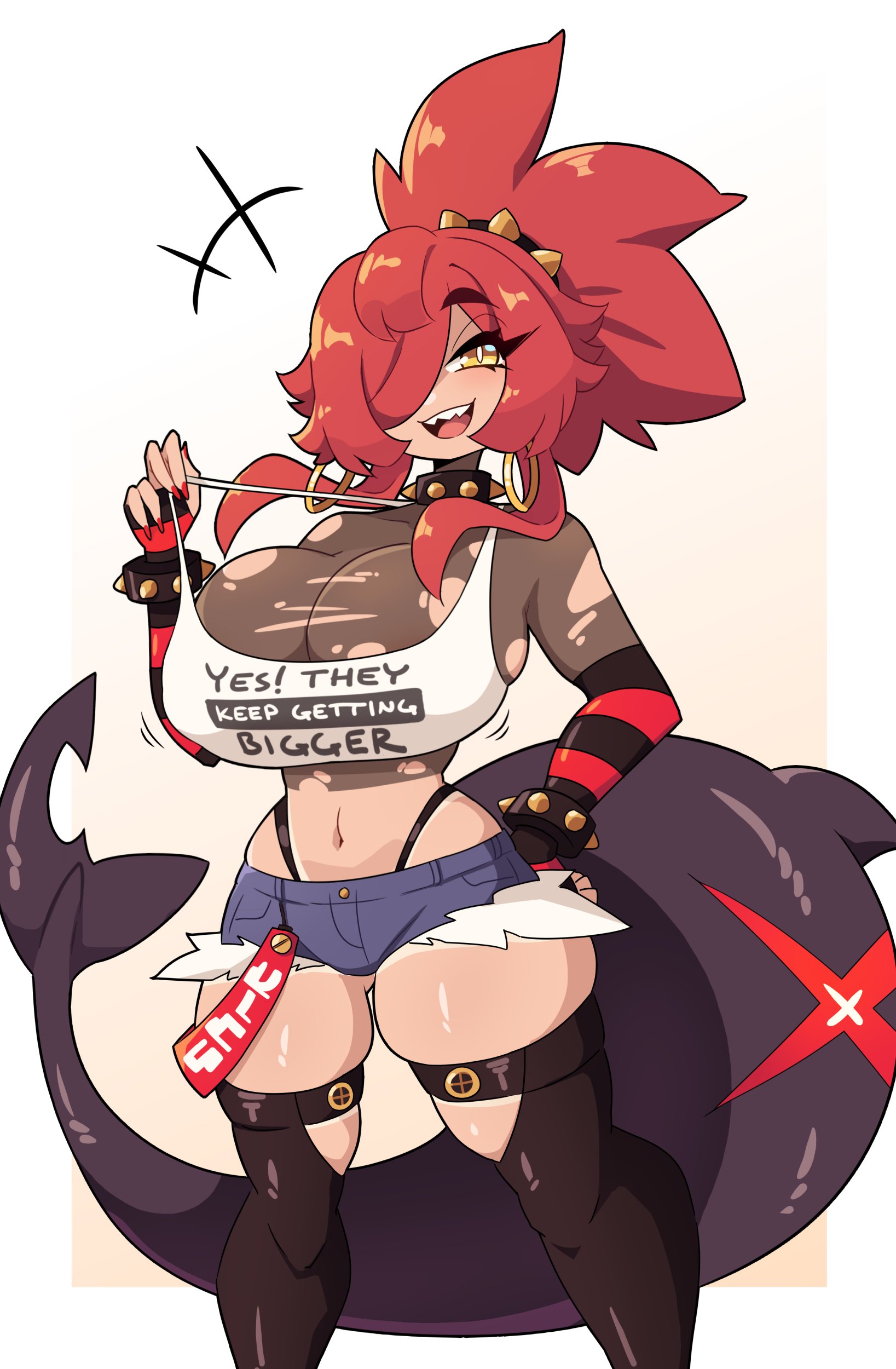 1girls, big breasts, breasts, chari (elridalm), collar, commission, female, female only, hi res, highleg, j5daigada, long hair, looking at viewer, ponytail, red hair, shark girl, shark tail, smiling, smiling at viewer, solo, spiked bracelet, spiked collar, tail, thick thighs, thighhighs, thong straps, yellow eyes
