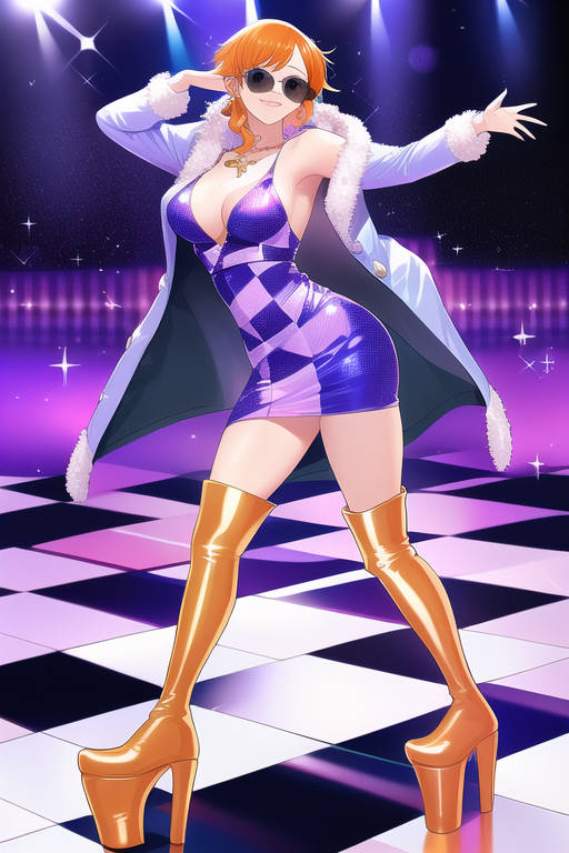 1girls ai_generated breasts checkered_dress checkered_floor coat disco dress earrings female female_only fur_coat high_heel_boots high_heels large_breasts looking_at_viewer nami nami_(one_piece) necklace one_piece orange_hair platform_heels purple_dress short_hair sunglasses tgmaniger thighhigh_boots tinted_eyewear