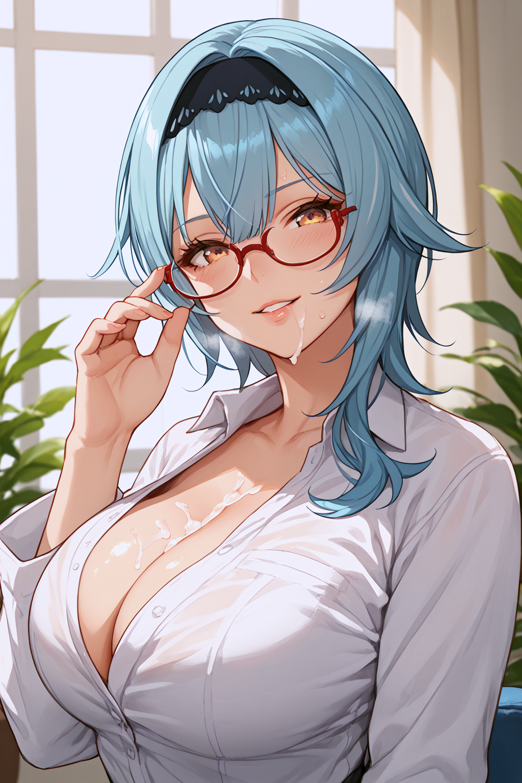 after fellatio, ai generated, blush, breasts, cum, cum on breasts, cum on face, eula (genshin impact), female, genshin impact, glasses, heavy breathing, huge breasts, office, office clothing, office lady, shiny skin, smile, sweat, unbuttoned shirt, upper body