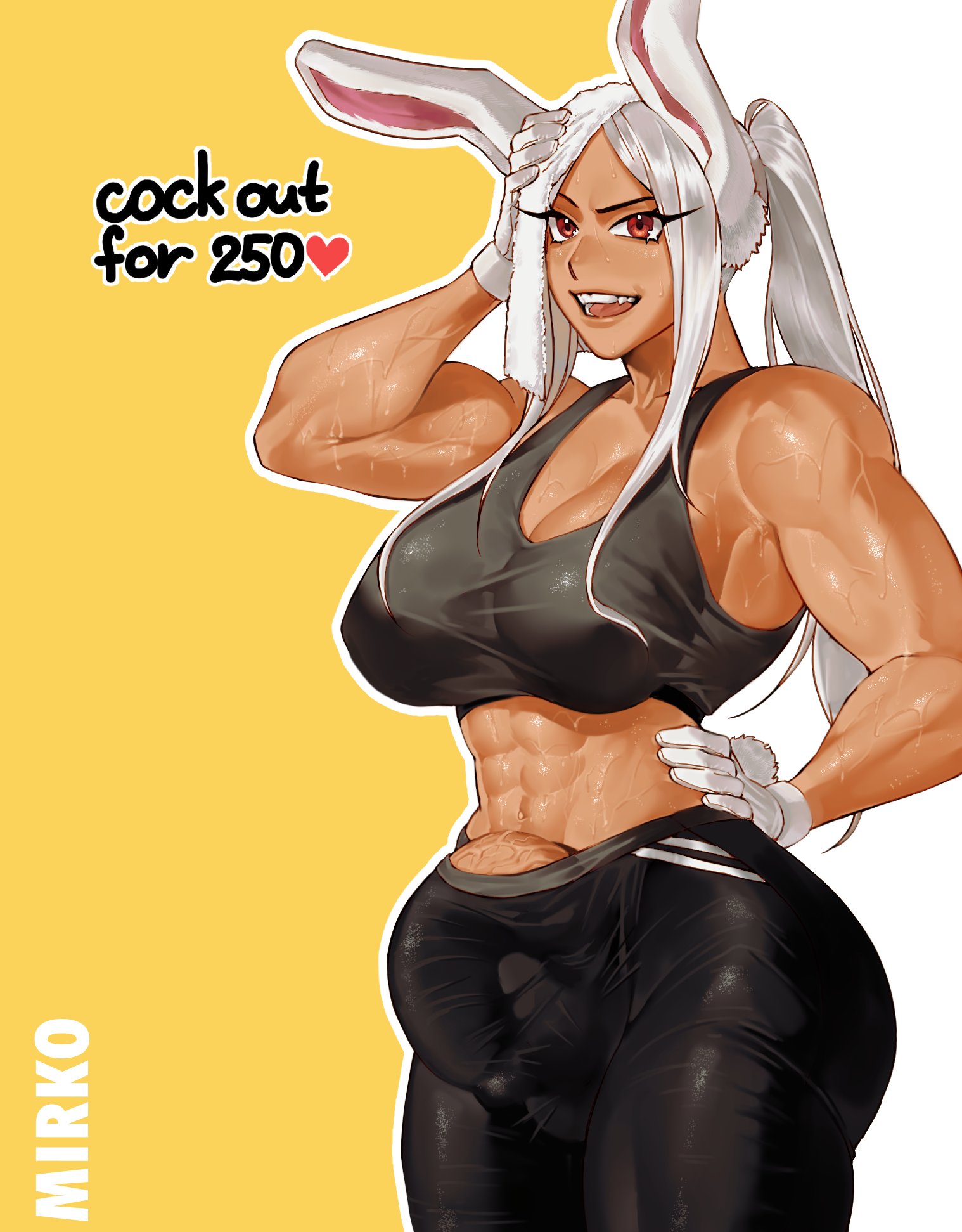 1futa, abs, animal ears, big penis, bulge, clothed, clothing, female, futa only, futanari, gloves, gym clothes, humanoid, intersex, kemonomimi, lesox222, long hair, looking at viewer, miruko, mostly clothed, muscular, muscular futa, my hero academia, penis, rabbit ears, rabbit girl, red eyes, rumi usagiyama, solo, sports bra, sportswear, tank top, white gloves, white hair