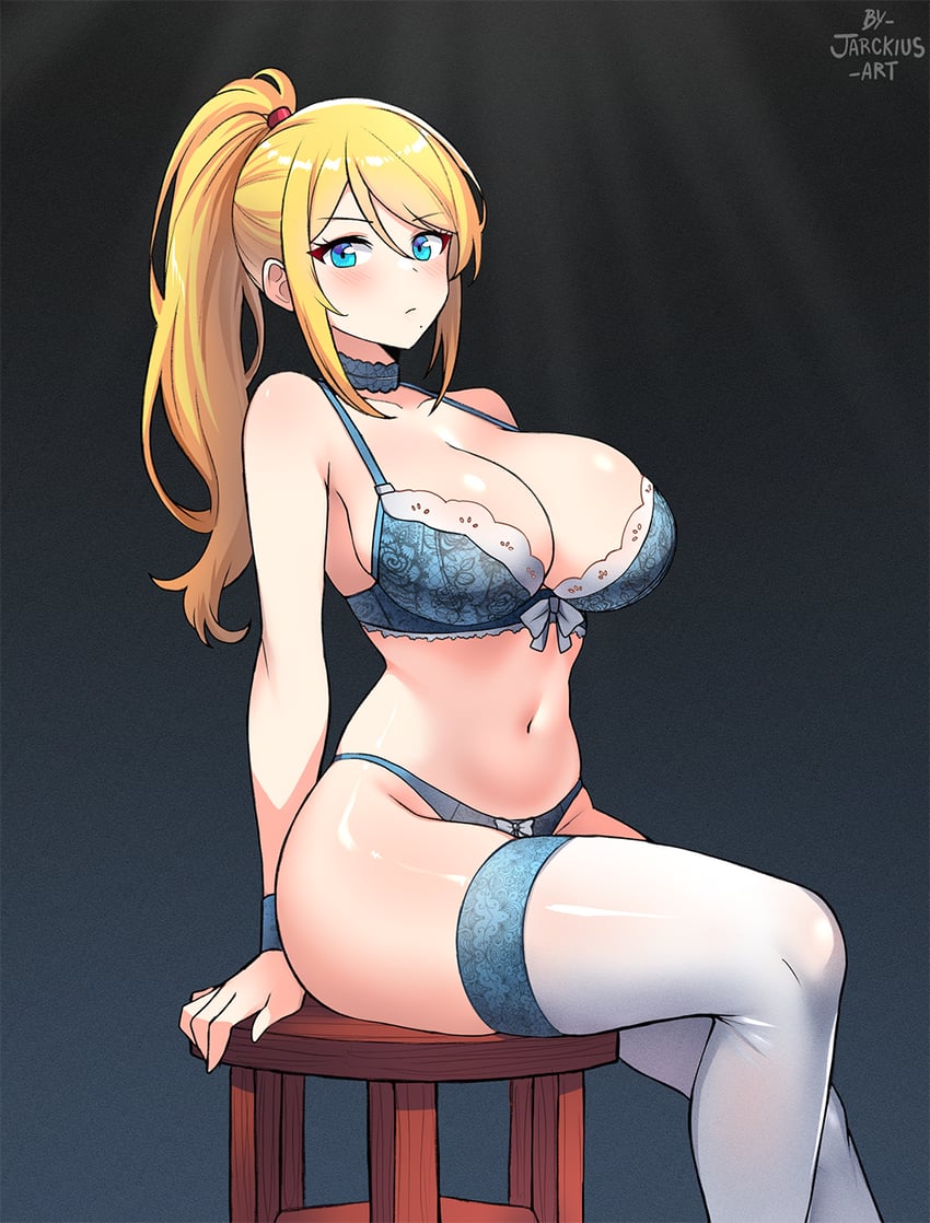 1girls blonde_hair blue_bra blue_eyes breasts jarckius large_breasts light-skinned_female lingerie metroid nintendo ponytail samus_aran simple_background sitting skindentation solo thighhighs thighs underwear