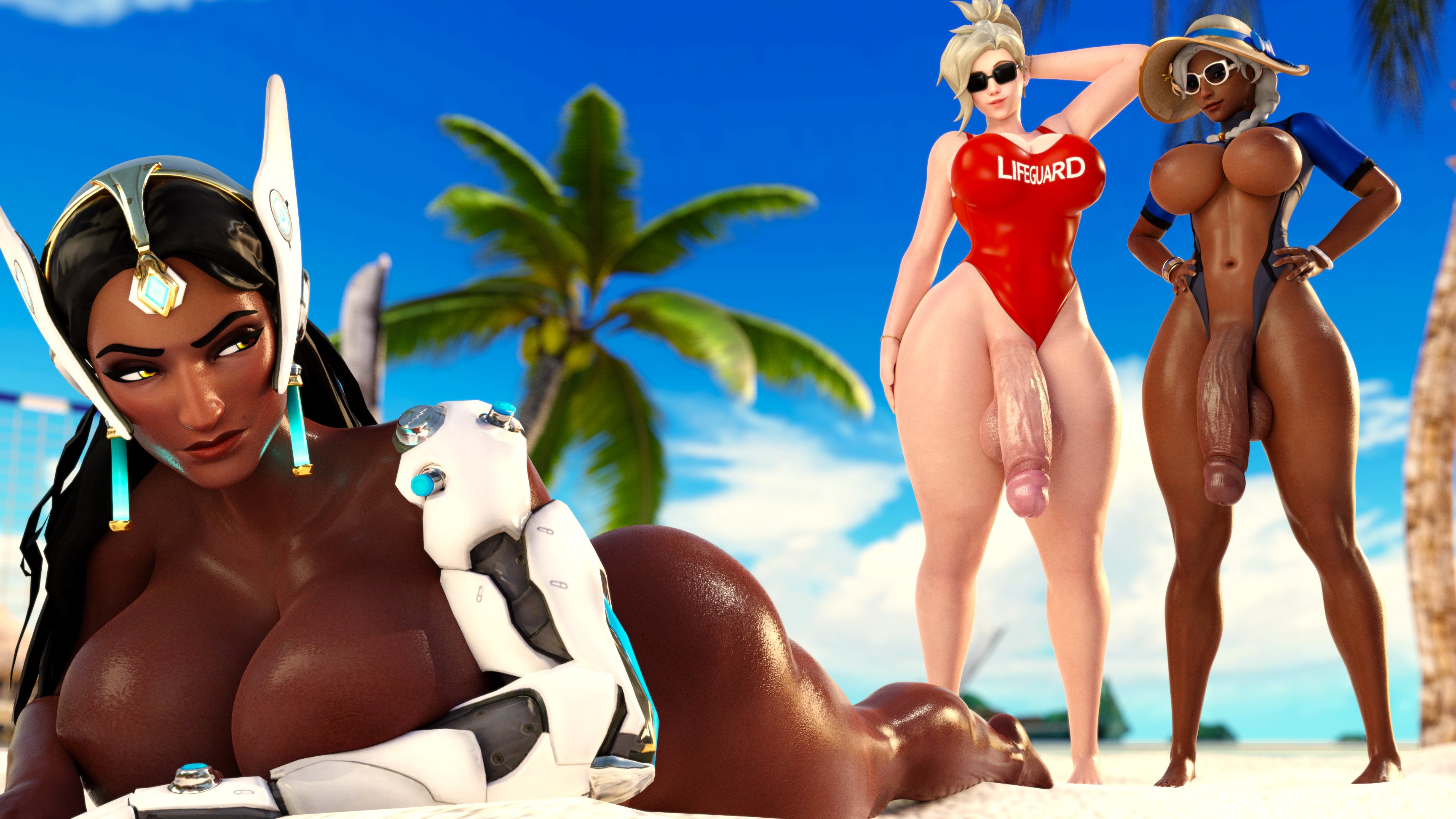 2futas, 3d, 3d (artwork), ana amari, ass, balls, beach, big ass, breasts, clothed, dark skin, dark-skinned futa, futa only, futanari, hung futa, intersex, mercy, old ana amari, overwatch, penis, symmetra, testicles, thick penis, zzzxxxccc