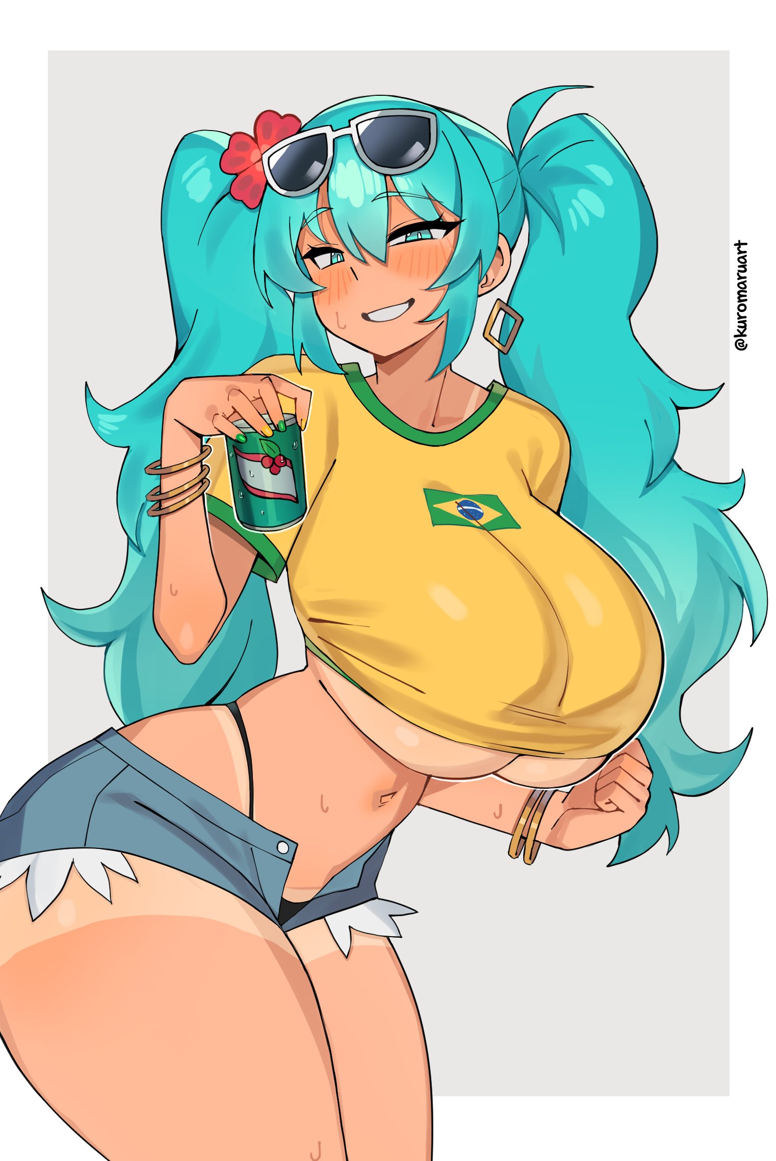 1girl, 1girls, absurd res, aqua eyes, aqua hair, blue eyes, blue hair, blush, bracelet, brazil, brazilian, brazilian female, brazilian miku, breasts, can, cleavage, crop top, cyan eyes, cyan hair, dark skin, dark-skinned female, denim, earrings, exposed hips, exposed thong, eyewear on head, female, female only, flower, grin, hair flower, hair ornament, hatsune miku, hi res, hip cleavage, huge breasts, jewelry, kuromaruart, large breasts, latin american hatsune miku (meme), long hair, looking at viewer, navel, shirt, short shorts, shorts, simple background, smile, solo, sunglasses, tan, tan body, tan skin, tanlines, thick thighs, thighs, thong straps, twintails, underboob, vocaloid, wide hips