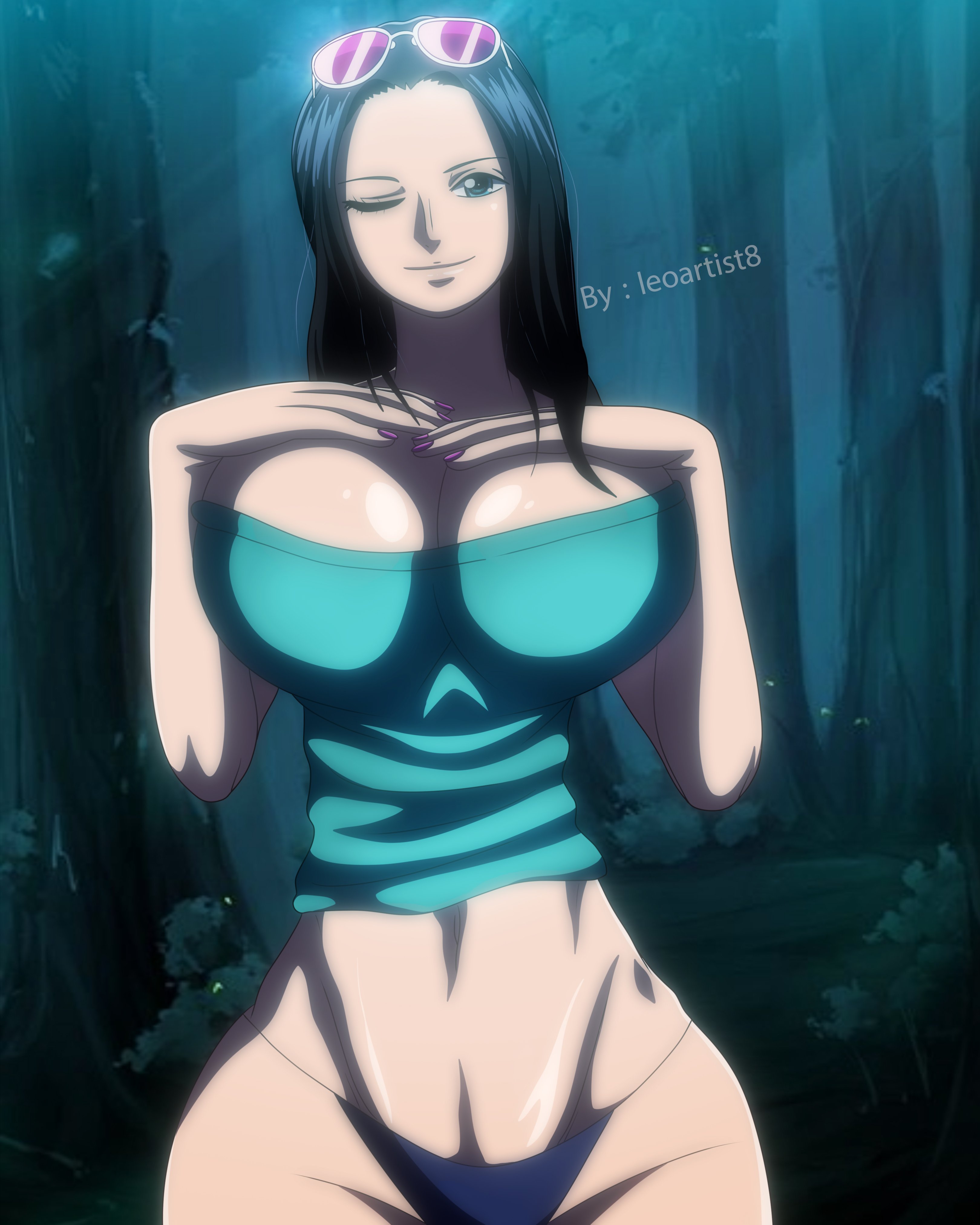 1girls, black hair, eyewear on head, female, female focus, female only, glasses, leoartist8, looking at viewer, nico robin, one piece, solo, solo female, sunglasses on head, tagme, wink
